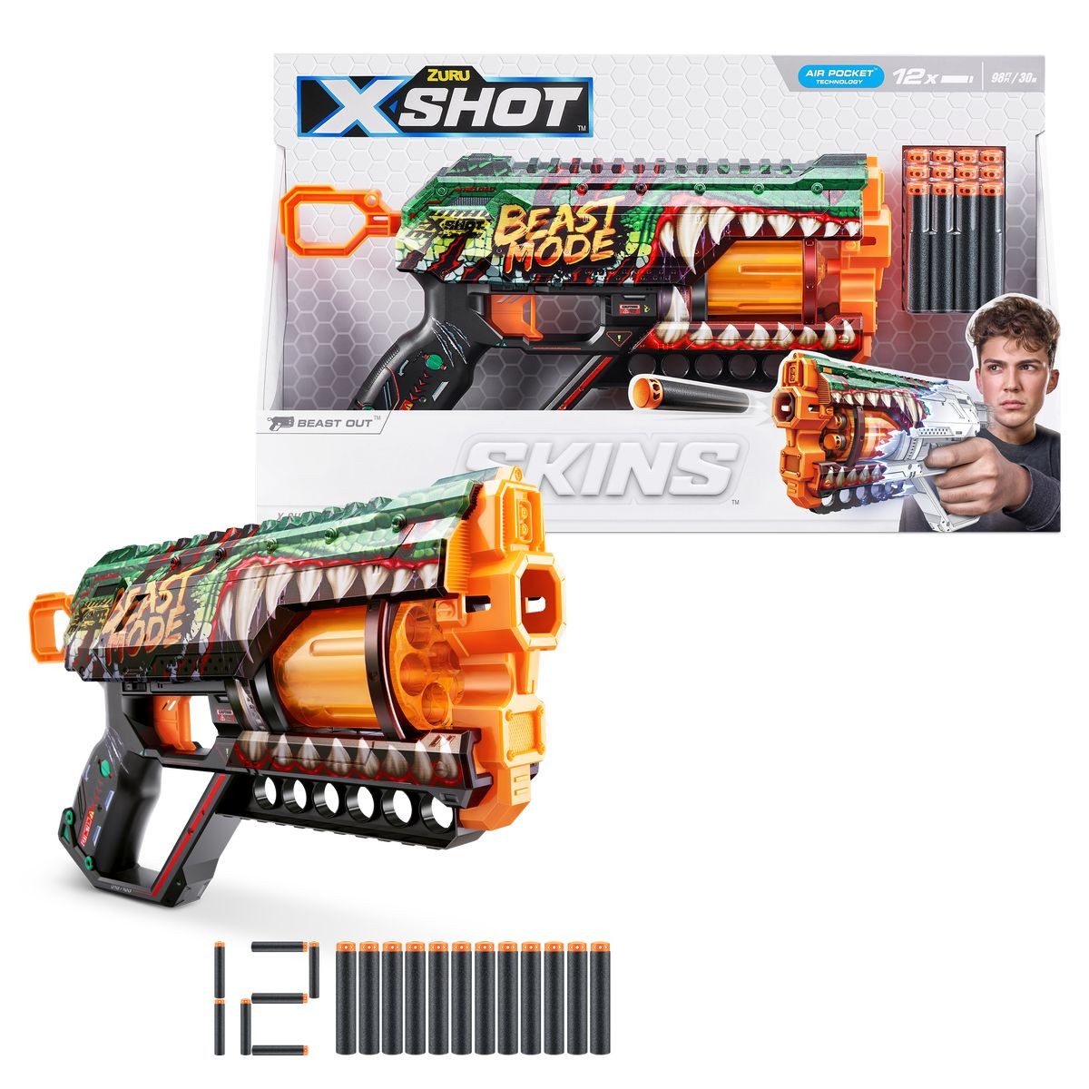 ZURU Blaster Softdart Pistole XSHOT Skins Griefer mit 12 Darts Serie 1 7,5x42x25cm
