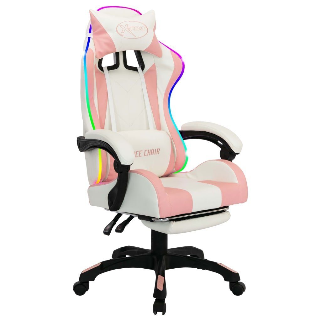 und (1 Gaming-Stuhl mit Bürostuhl LED-Leuchten furnicato Rosa RGB Weiß Kunstleder St)
