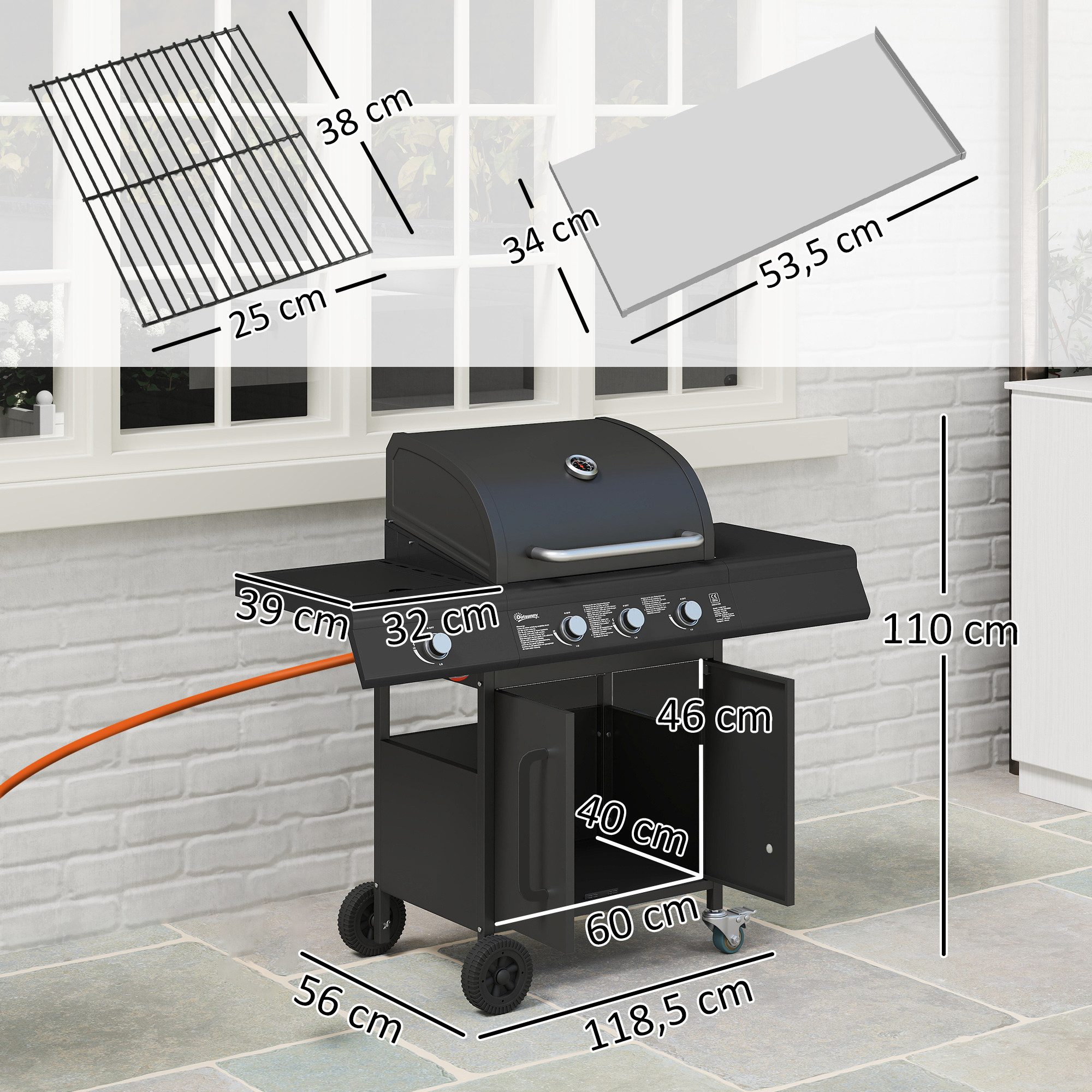 Outsunny Gasgrill BBQ inkl Rolle Seitenbrenner Thermometer Gas-Grill, 12,2 KW Gas-Grill, Grillwagen aus Edelstahl, für Balkon Camping 118,5 x 56 x 110 cm – Bild 3 von 5