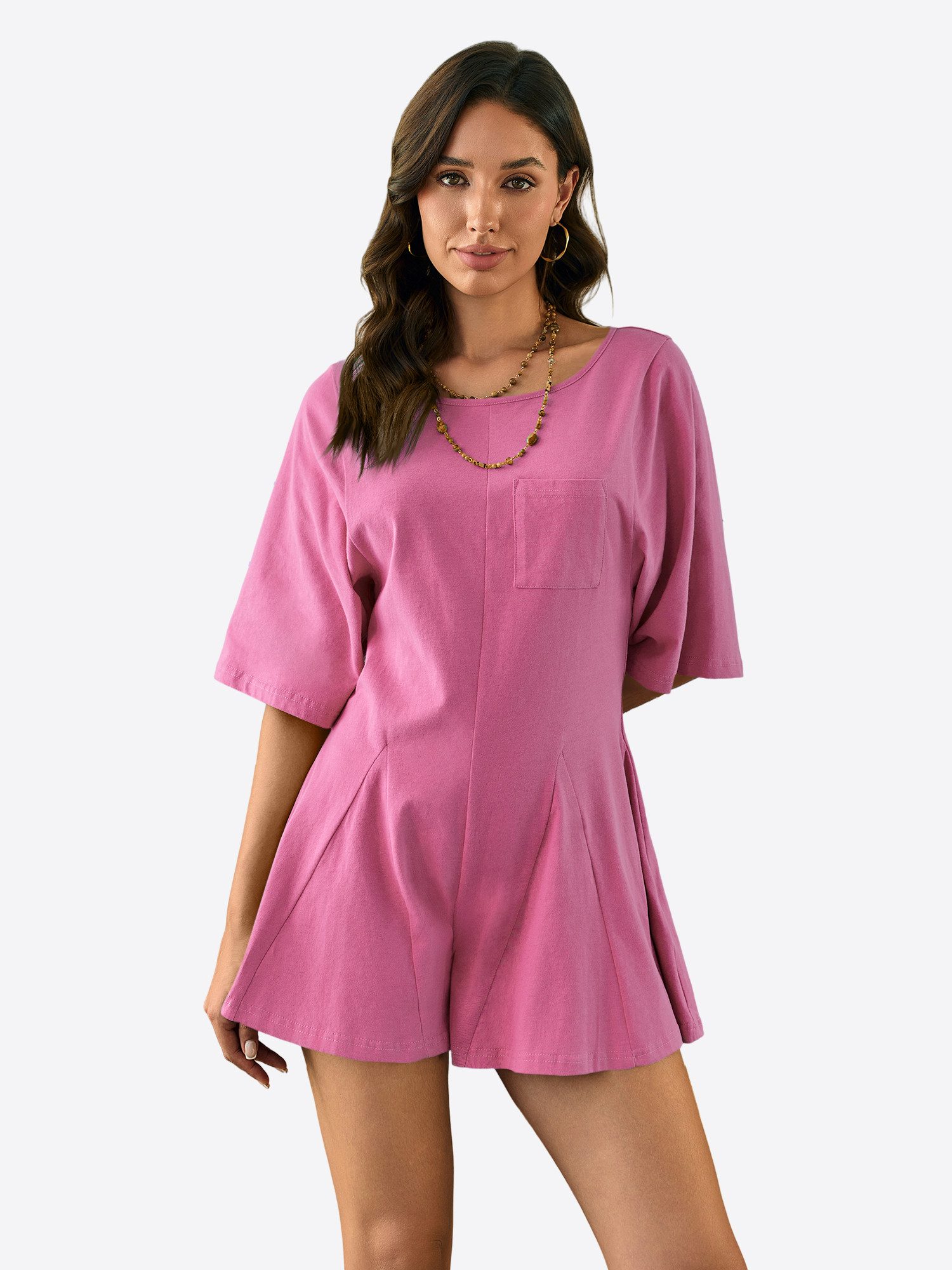 Imily Bela Jumpsuit Damen aus Baumwolle Rückenausschnitt Kurzarm Shorts Sommer Overall (Packung, 1-tlg., 1per-Pack) in Unifarbe