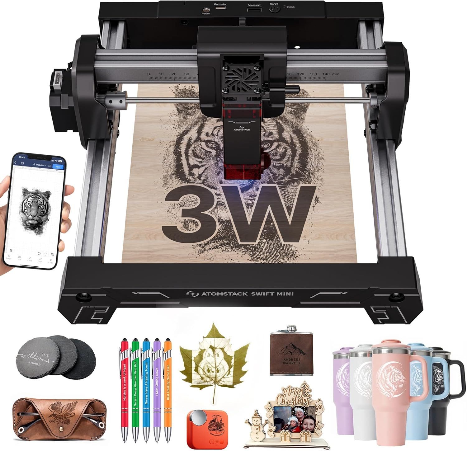 ANYSUN 3D-Drucker Swift Mini 3W Laser Graviermaschine Einsteigermodell Vollständig, Vorinstalliert DIY Lasergravierer für Holz,Kunsthandwerk,Geschenke