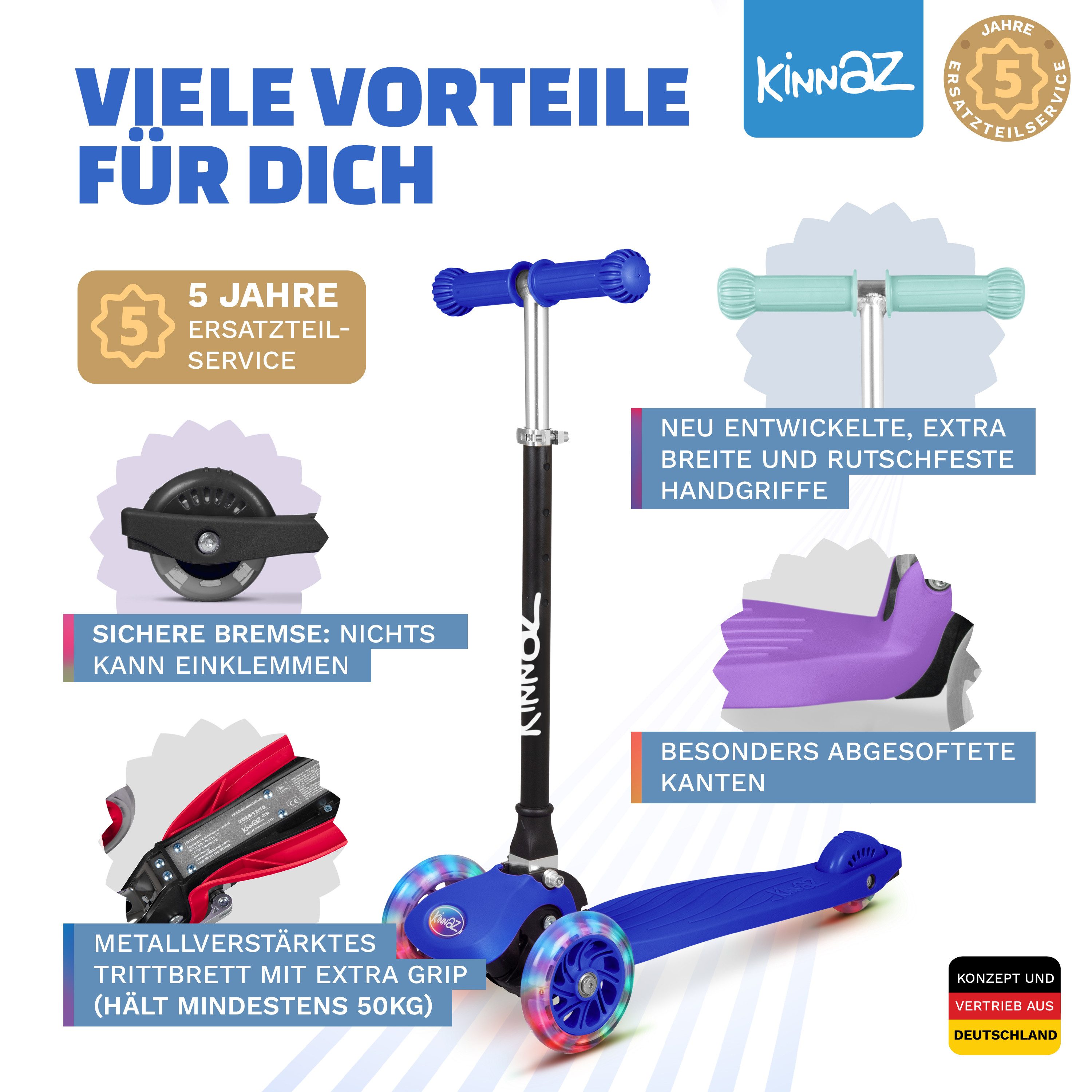KINNAZ Dreiradscooter Roller Kinder ab 3 Jahre Kinderoller Scooter LED faltbar einstellbar, (Kinderroller, kinnaz ONE), Händler aus Hamburg