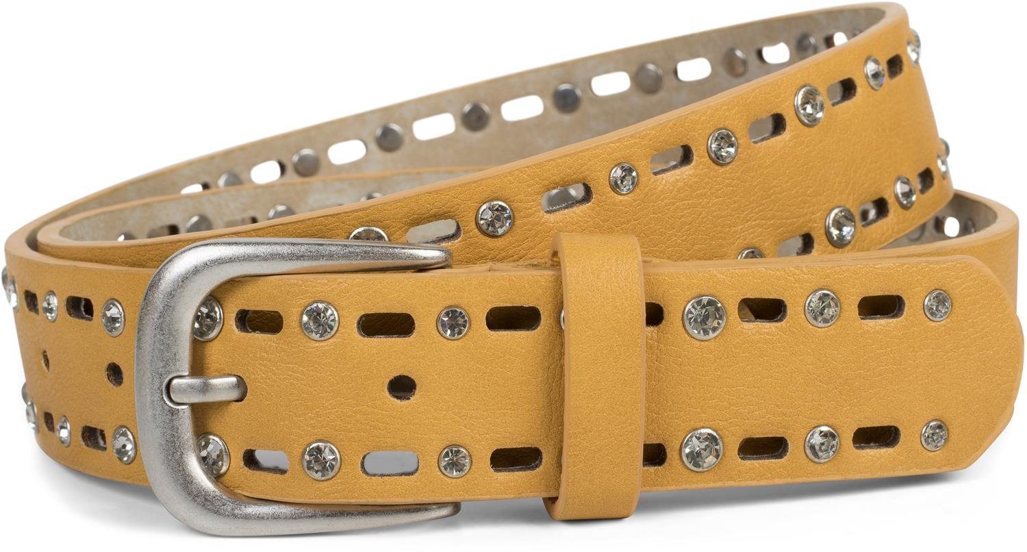 Synthetikgürtel Gürtel mit Strass und ovalem Lasercut Muster