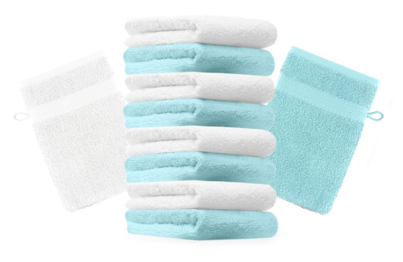 Betz Waschhandschuh 10 Stück Waschhandschuhe Premium 100% Baumwolle Waschlappen Set 16x21 cm Farbe türkis und weiß (10-tlg)