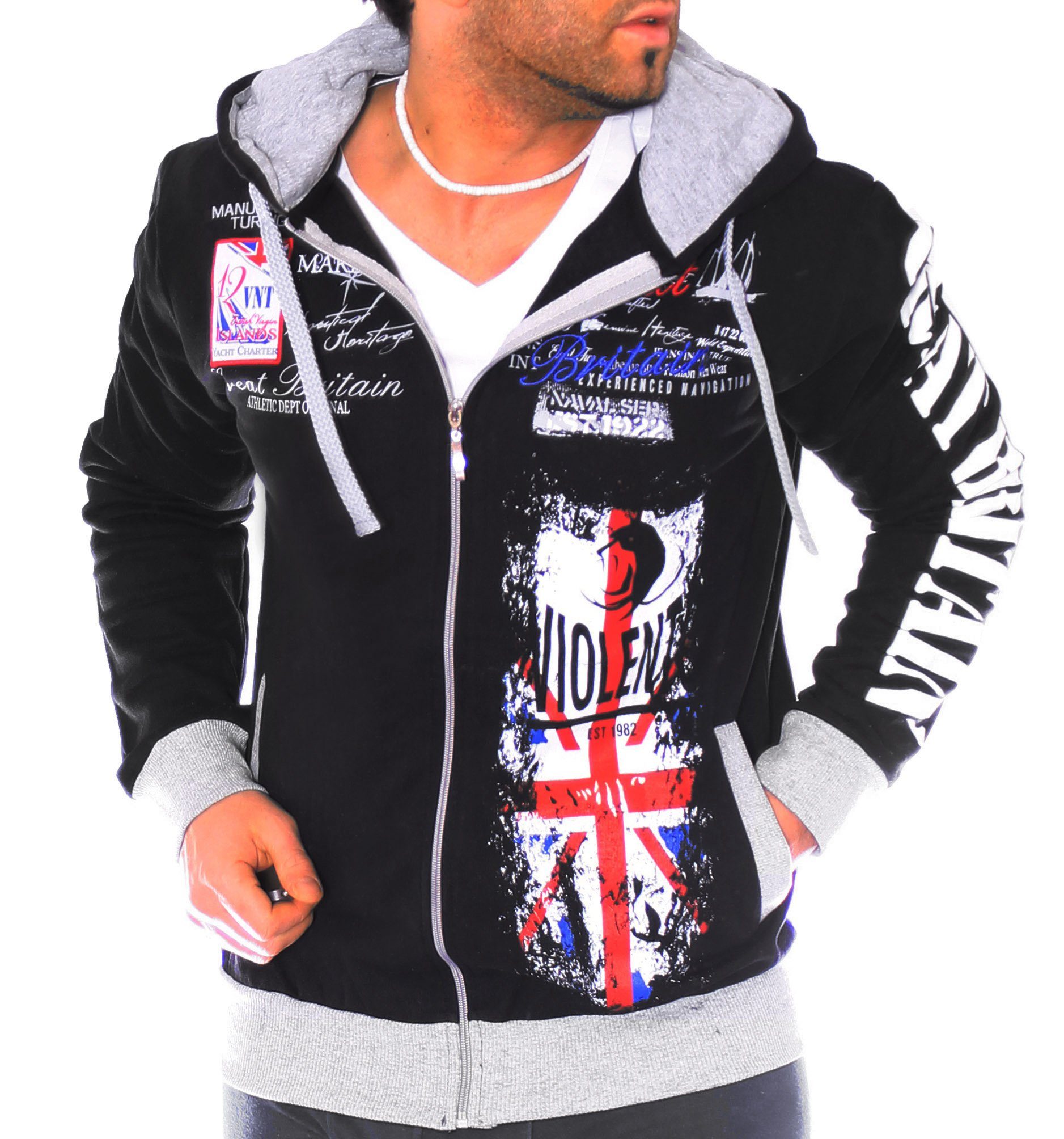 Violento Collegejacke Herren Sweatjacke Sportjacke Joggingjacke mit lässiger Kapuze USA US UK England