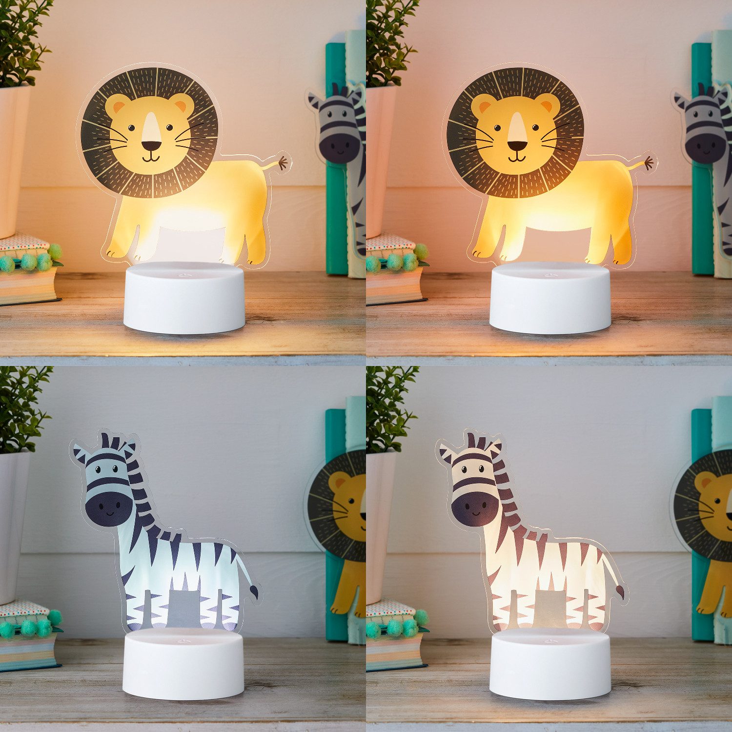 Lights4fun LED Wandleuchte 2-in-1 Löwe & Zebra USB Tischlampe Kinderzimmer