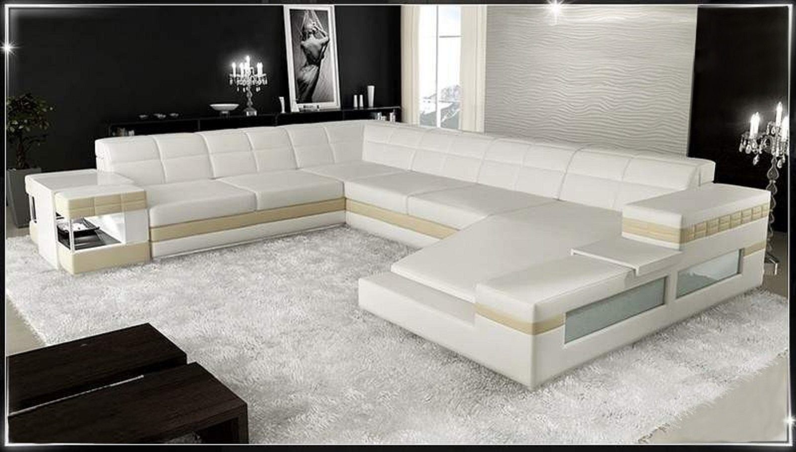 JVmoebel Ecksofa Design Ecksofa Sofa Couch Polster Eckgarnitur Ledersofa Sofa, Made in Europe Weiß/Beige