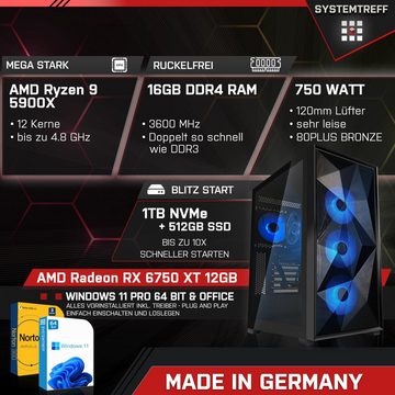 SYSTEMTREFF Gaming-PC (AMD Ryzen 9 5900X, Radeon RX 6750 XT, 16 GB RAM, 1000, 512 GB SSD, Luftkühlung, Windows 11, WLAN)