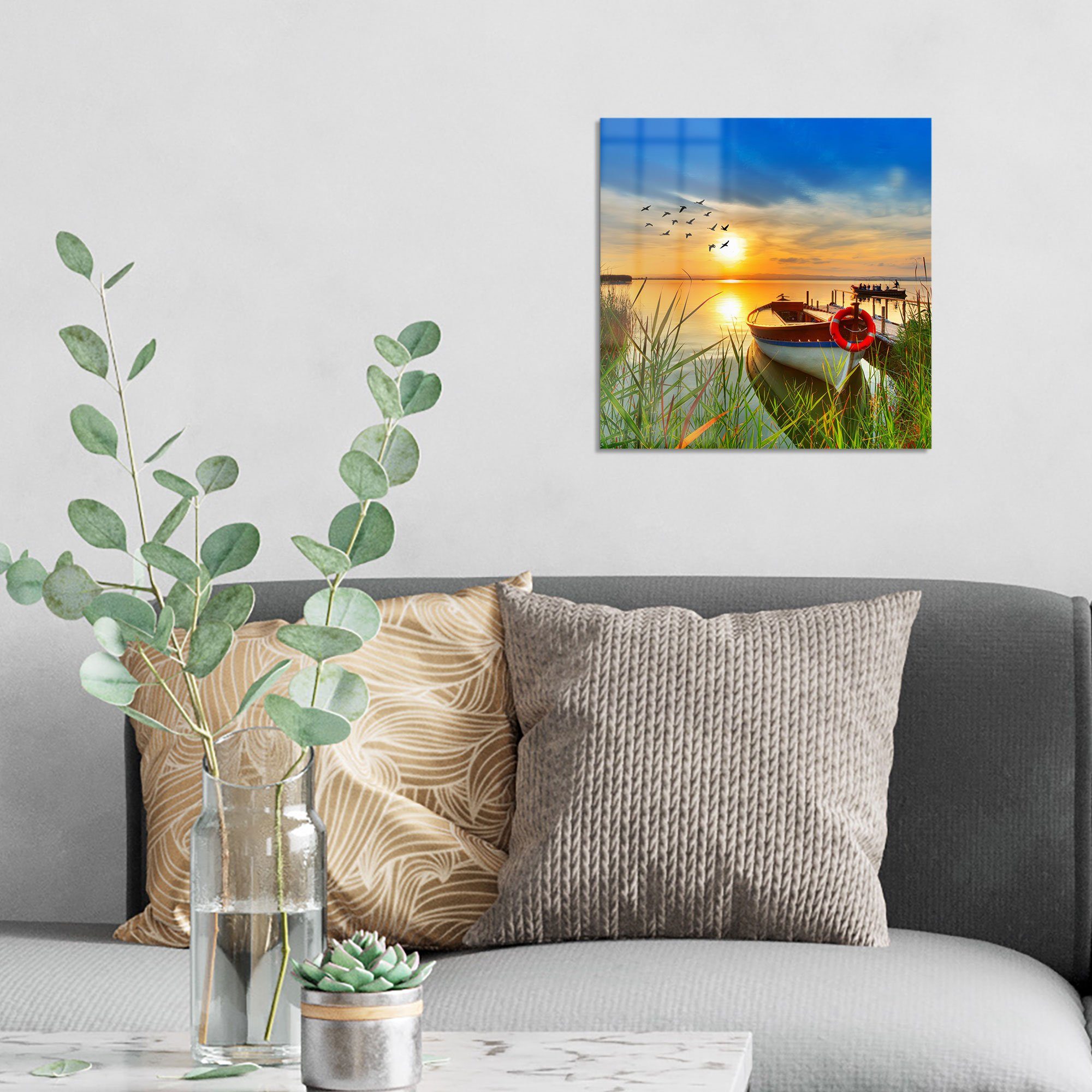 DEQORI Glasbild 'Boot am Steg auf Madeira', 'Boot am Steg auf Madeira', Glas Wandbild Bild schwebend modern