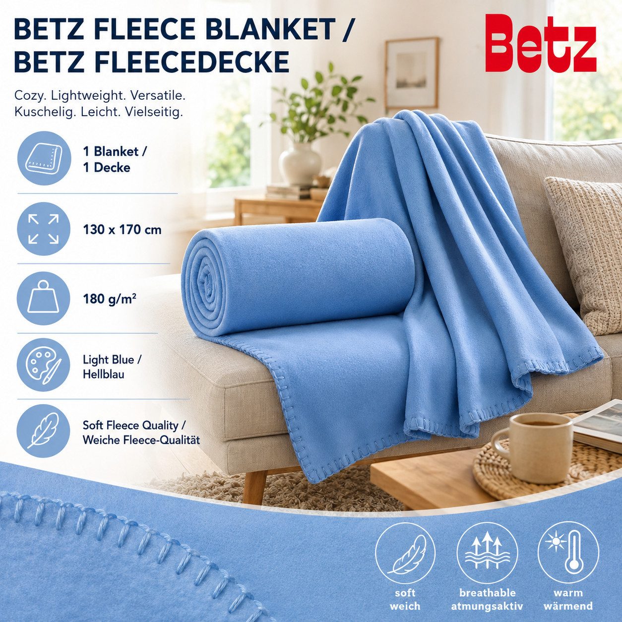 Wohndecke Betz Fleecedecke 130x170 cm 180g/m² – Weiche Wohndecke & Kuscheldecke, Betz, Leicht, wärmend & pflegeleicht – Bild 2 von 5