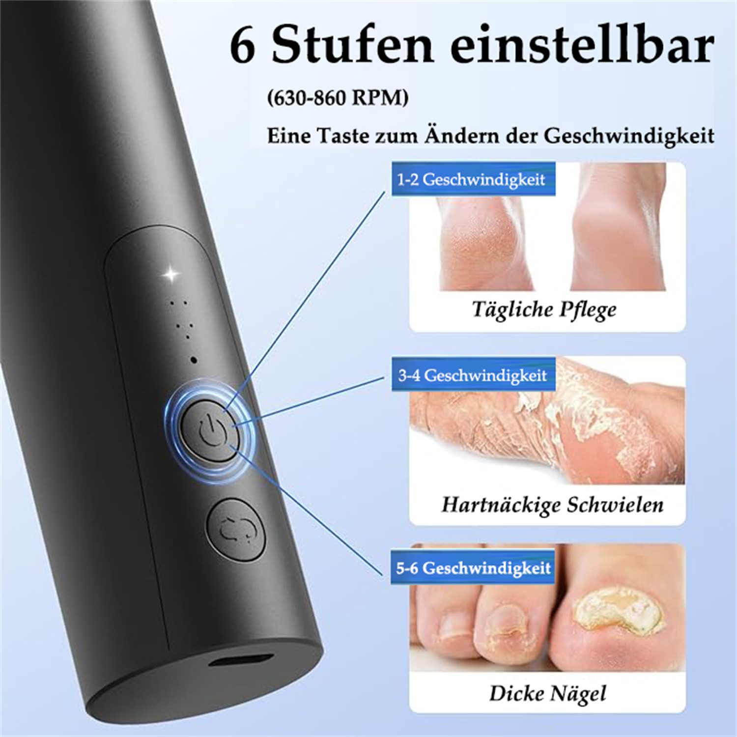 autolock Elektrischer Hornhautentferner Elektrische Fußfeile Nagelschleifer 2 in 1,6 Stufen einstellbar