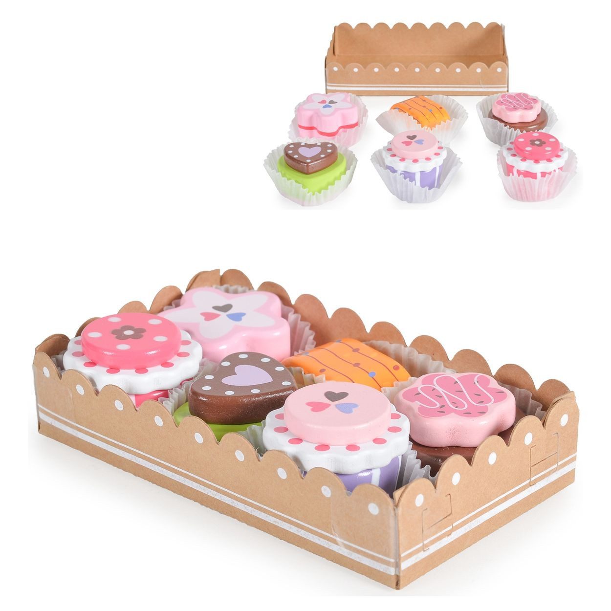 Moni Spiellebensmittel Torten 6-teilig, Holz, Cupcakes, verschiedene Formen, Förmchen, Aufbewahrungsbox