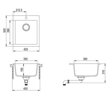 GURARI Küchenspüle SQS 100 -601 AW+RM-2845-C, (2 St), Einbau Granitspüle Schwarz+Aufrollbare Abtropfmatte