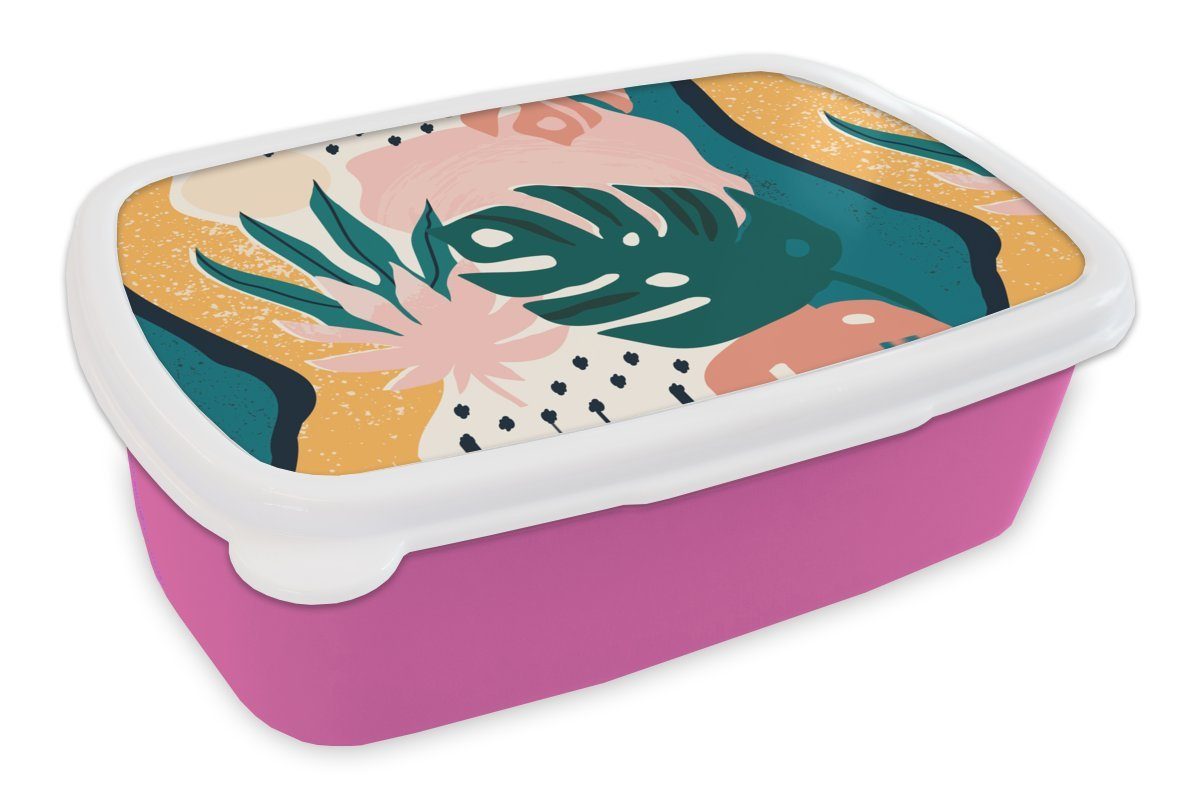 MuchoWow Lunchbox Blätter - für Kinder, (2-tlg), Erwachsene, Snackbox, Kunststoff Farben Mädchen, Kunststoff, Muster, Brotbox - rosa Brotdose