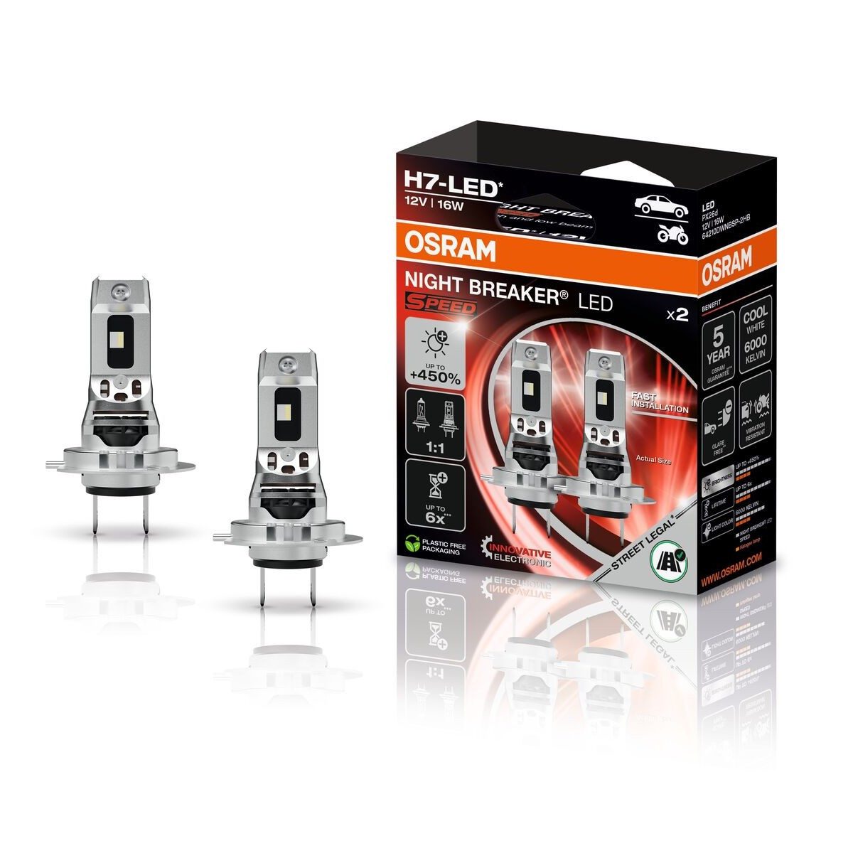 Osram KFZ-Ersatzleuchte H7 NIGHT BREAKER LED SPEED 450 StVZO-Konforme LED-Nachrüstlampe 2St., H7, Kaltweiß, H7 NIGHT BREAKER LED SPEED 450