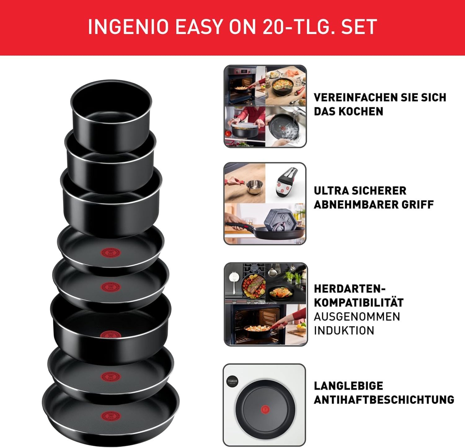 Tefal Pfannen-Set Ingenio Easy On 20tlg Topf Pfannen Set abnehmbarer Griff (L15994)
