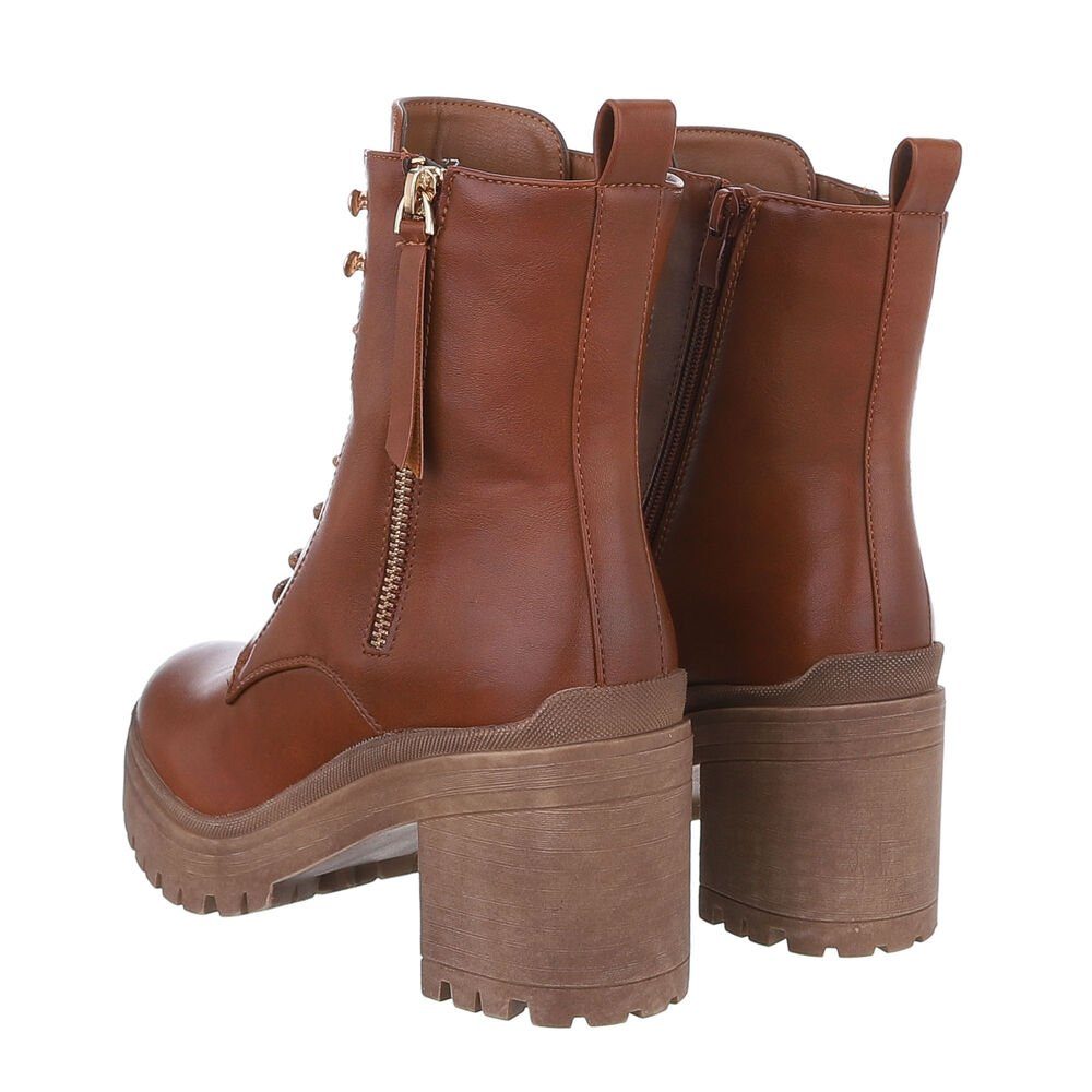Ital-Design Trendige Stiefeletten mit Reißverschluss und Schnürung Schnürstiefelette (84338040) Blockabsatz High-Heel Stiefeletten in Camel
