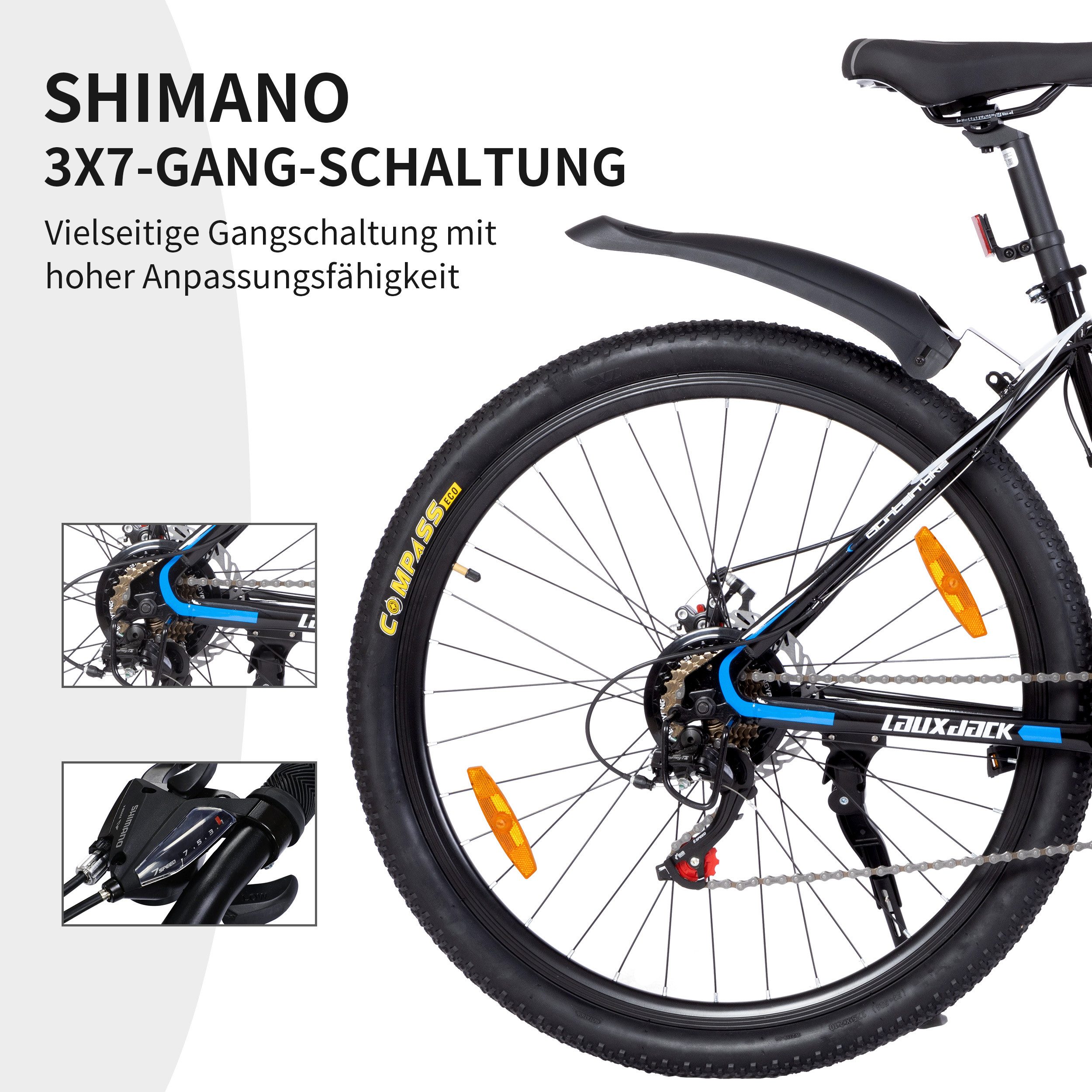 Lauxjack Mountainbike 28 Zoll, Fahrrad, MTB, Herren, Shimano 21-Gang, Komfort, 21 Gang Shimano Tourney RD-TY300/200 Schaltwerk, Kettenschaltung, (Set), City, Straße, Schotter, Alltag, Tour, robust