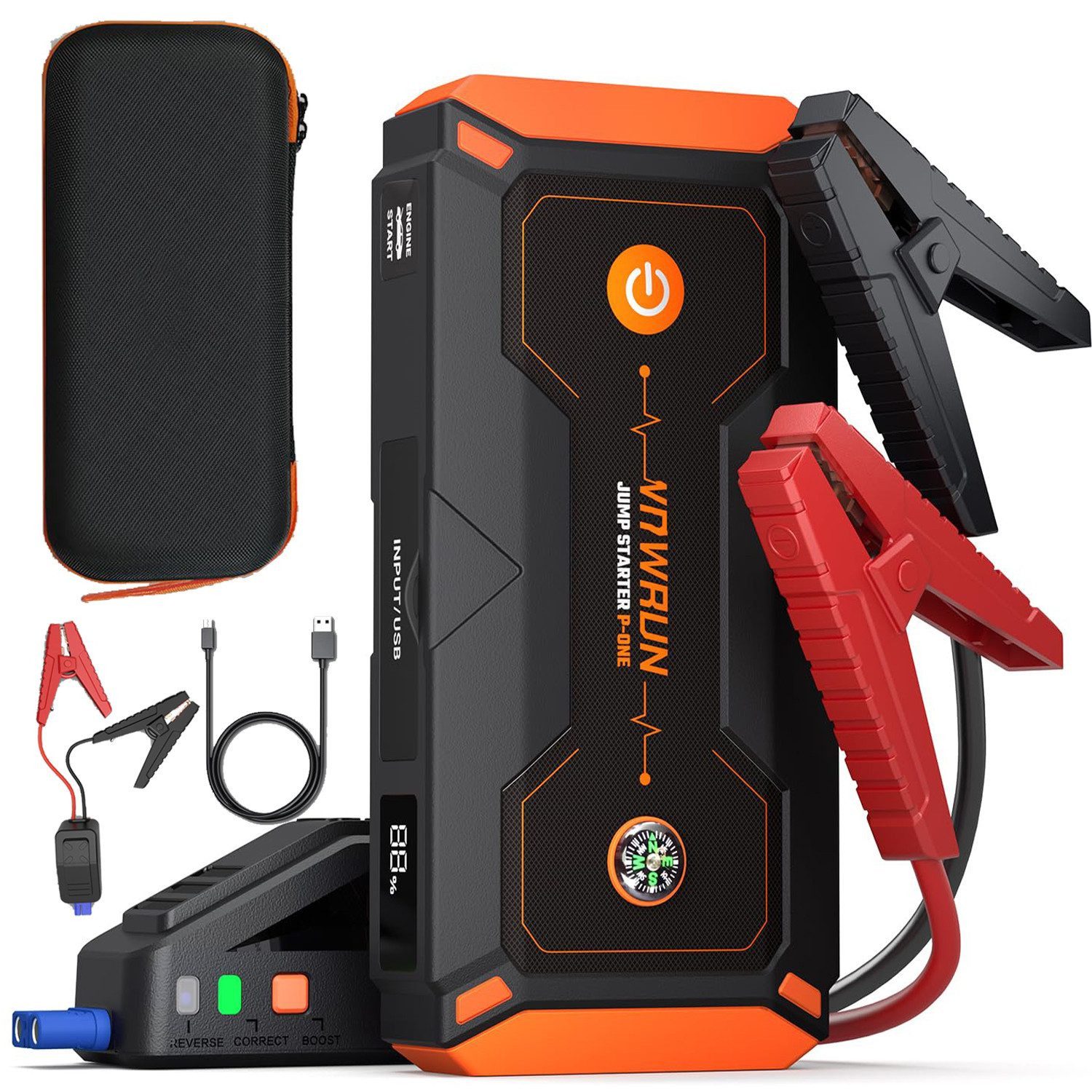 MOPUEA Auto Starthilfe Powerbank 2000A 18000mAh tragbar mit LCD Autobatterie-Ladegerät (18000 mA, Einzelset, Starthilfe mit Kabel, USB-C, EVA-Case, Handbuch, LCD-Display, Powerbank, LED-Lampe, IP65 wasserdicht)