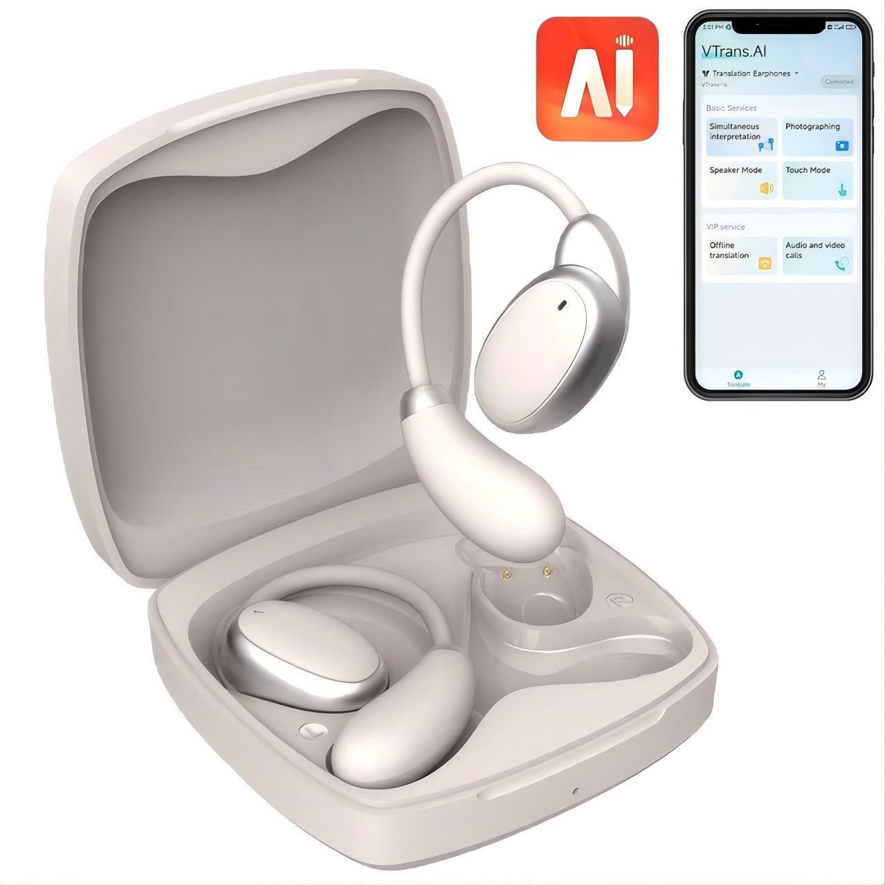 Forrlite Open-Ear-Kopfhörer, In Ear Ohrhörer, AI Übersetzer Bluetooth Kopfhörer Open-Ear-Kopfhörer (3-in-1 Übersetzungskopfhörer mit echtzeit übersetzung, Bluetooth Kopfhörer mit Ohrhaken und ENC Mic, Bluetooth 5.4 Sport-Kopfhörer Echtzeit Übersetzer Ohrhörer für Lernen)