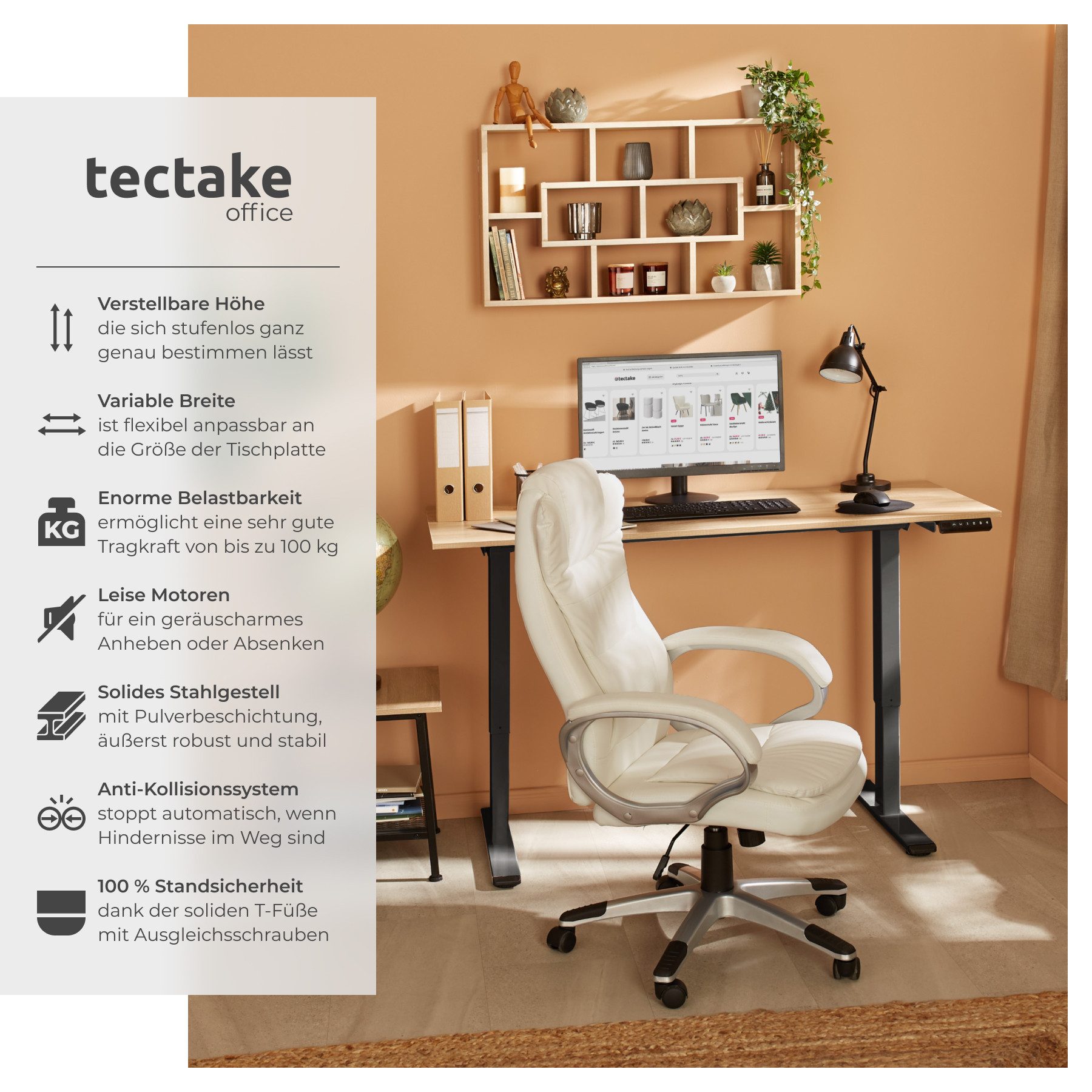 tectake Tischgestell Schreibtischgestell, Belastbarkeit 100 kg, 110-168 x 60 x 70-119 cm (Tischuntergestell Melville, 1-St., in schwarz), Flexibler Tischrahmen in moderner Optik