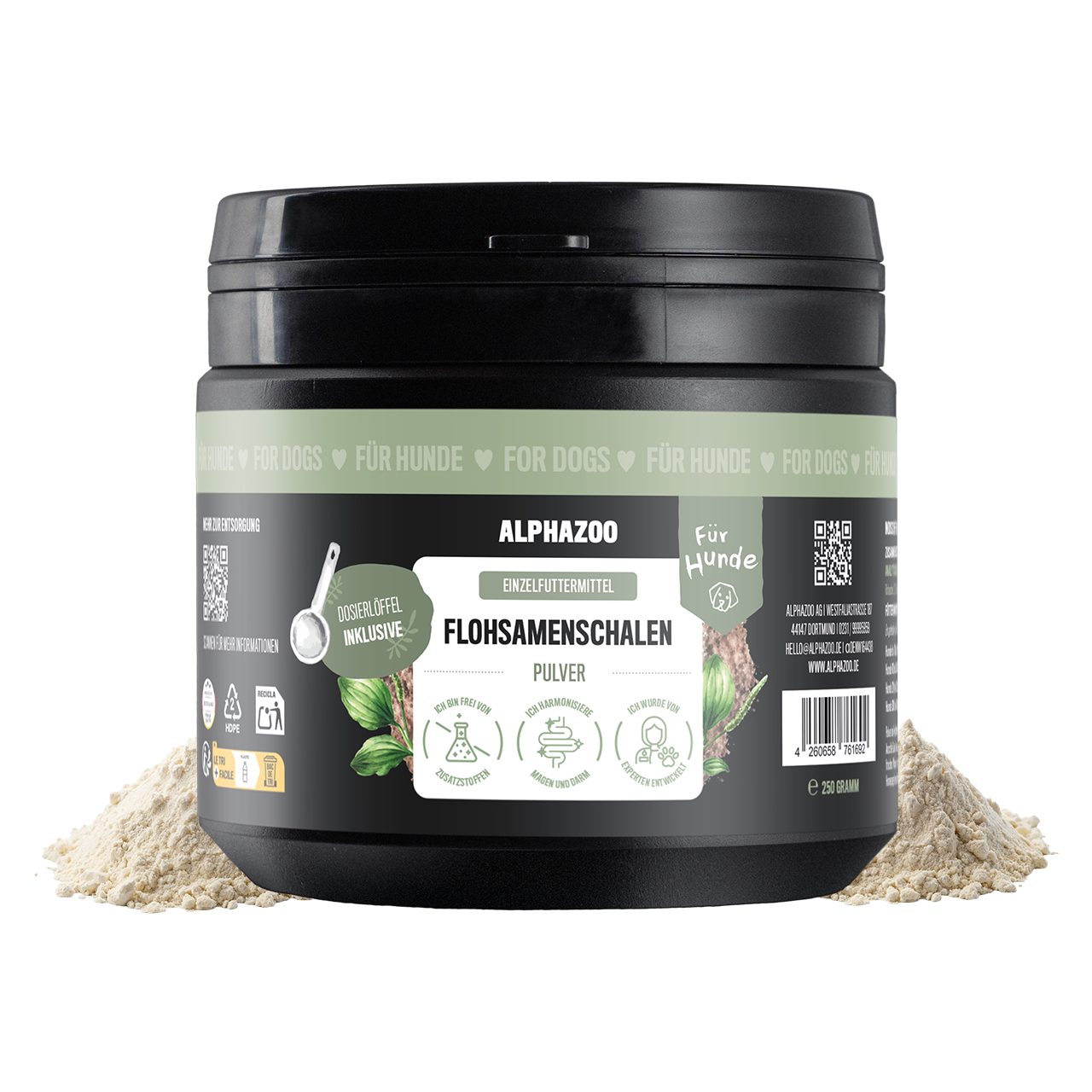 ALPHAZOO Flohsamenschalen gemahlen 250 g für Hunde, Indisches Psyllium Pulver für die sensible Verdauung, Ergänzungsfutter für: Hunde, Quellstoffe und Ballaststoffe mit 99 % Reinheit von ALPHAZOO
