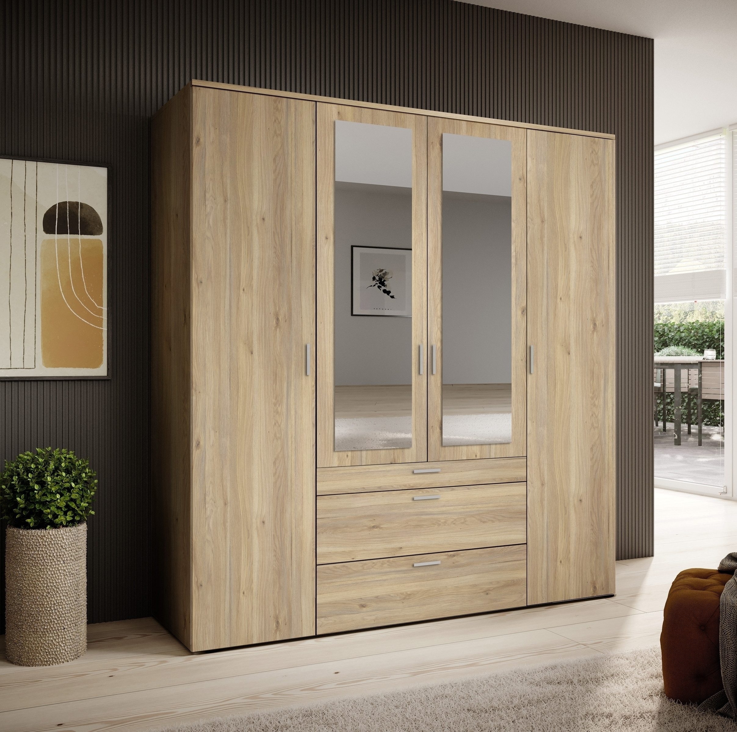 PREISBRECHER Drehtürenschrank Vesala 4 Türen, 3 Schübe, Mauvella Oak / Spiegel - 180x195x56 (BxHxT)