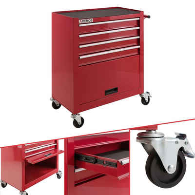 Arebos Werkstattwagen 4 Fächer + großes Fach für Ihr Werkzeug, inkl. Antirutschmatten, rot, (Werkstattwagen)
