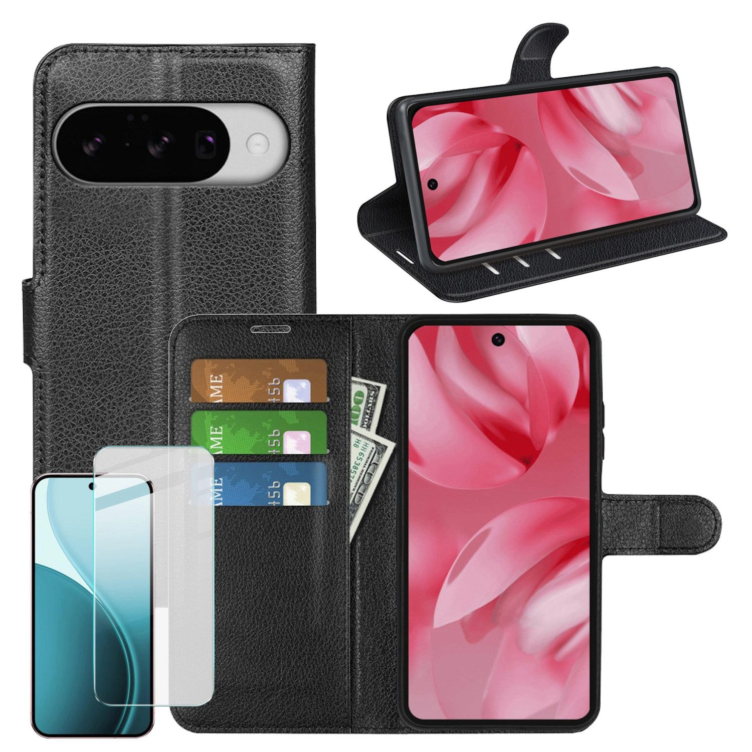 Wigento Smartphone-Hülle Für Google Pixel 10 / 10 Pro Kunstleder Hülle Schwarz + 9H Hart Glas, Produktset Kunst-Leder Tasche + H9 Hart Glas