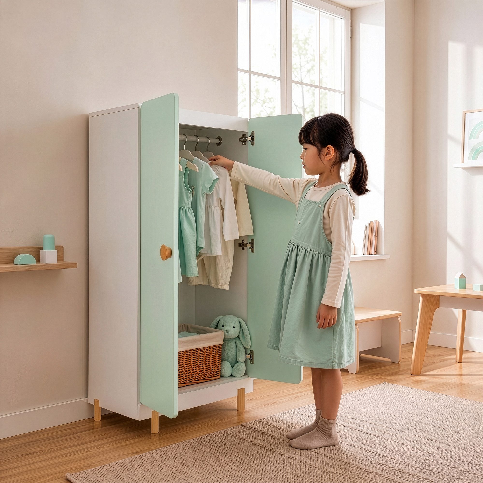 en.casa Kinderkleiderschrank »Vaarentaa« 126x60x41 cm Weiß/Mintgrün – Bild 4 von 5