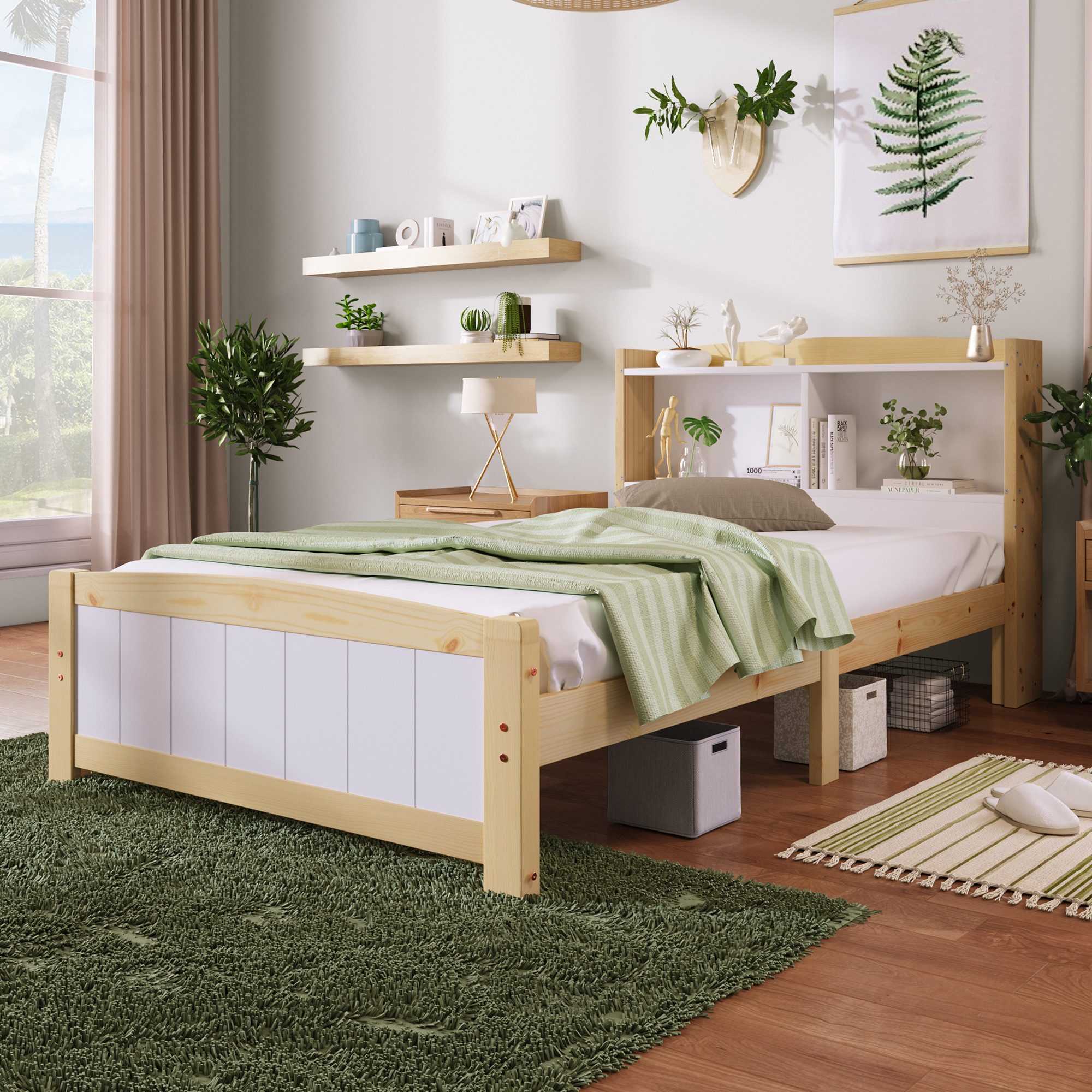 MODFU Holzbett Ein praktisches Einzel- oder Doppelbett für ein kleines Zimmer (mit Lattenrost Und Kiefernholz), Natur+Weiß 90x200cm, ohne-Matratze