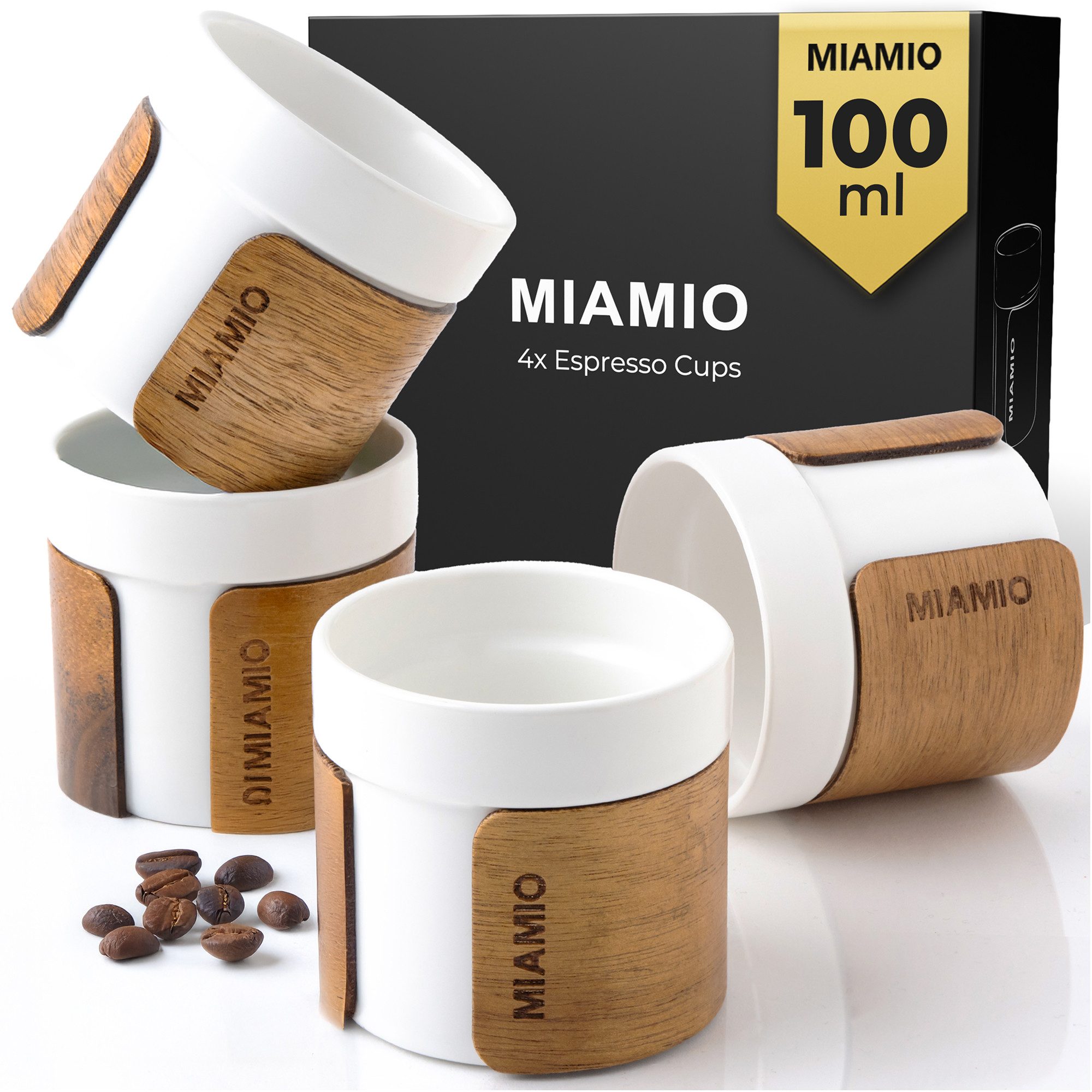 MiaMio Espressotasse ohne Henkel mit Holzmanschette, 100 ml, Weiß, 4-tlg., Keramik