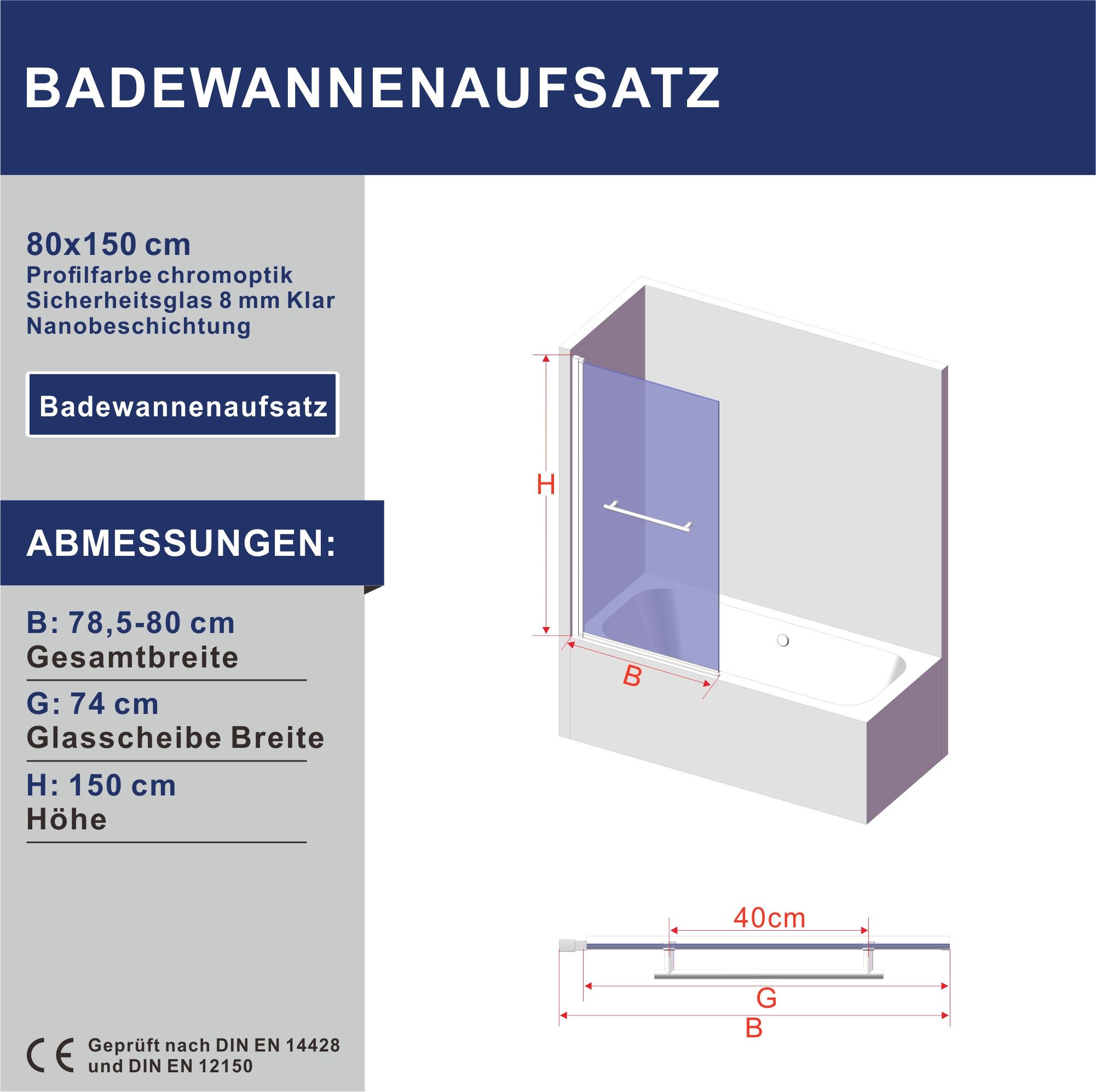 AQUABATOS Badewannenaufsatz 8mm Badewannenaufsatz Eck Badewanne Duschtrennwand 1-teilig Klarglas, Sicherheitsglas, 80x 150cm, mit Handtuchhalter, Nano Beschichtung, Chromoptik, Drehbar