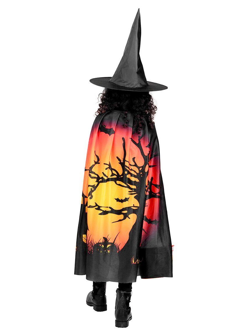 Metamorph Hexen-Kostüm Kürbishexe - Halloween Kostüm Kinder Mädchen, Verspieltes, zweiteiliges Set aus Hexenhut und bedrucktem Cape
