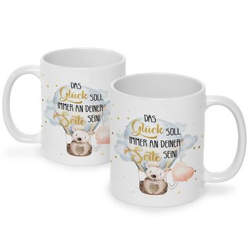 GRAVURZEILE Tasse mit Spruch Glück immer an deiner Seite, Keramik, Farbe: Weiß