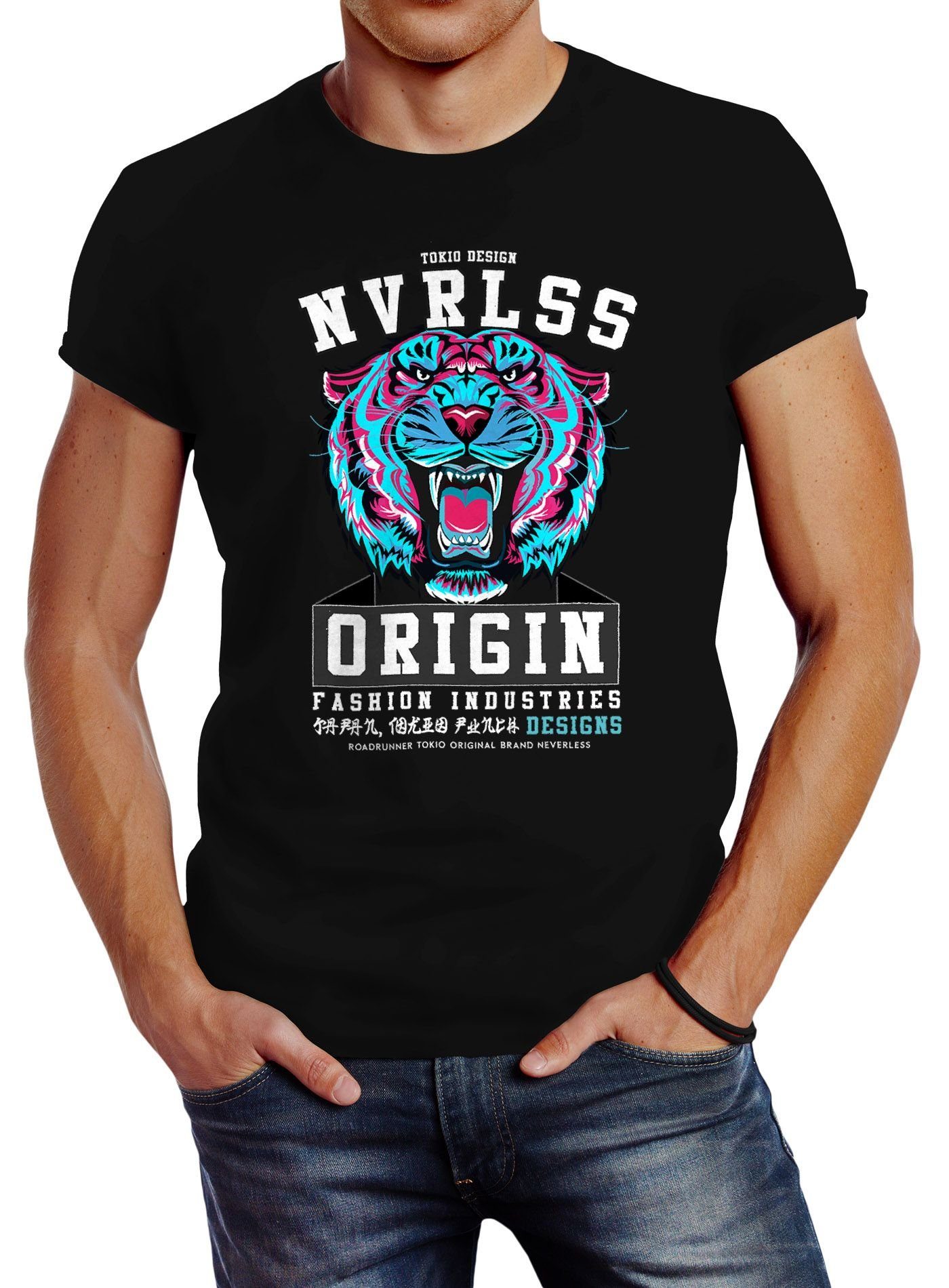 Origin Neverless Neverless® Print Herren Tigerkopf Tokio Japan T-Shirt mit Print-Shirt Print Streetstyle Fashion Schriftzug