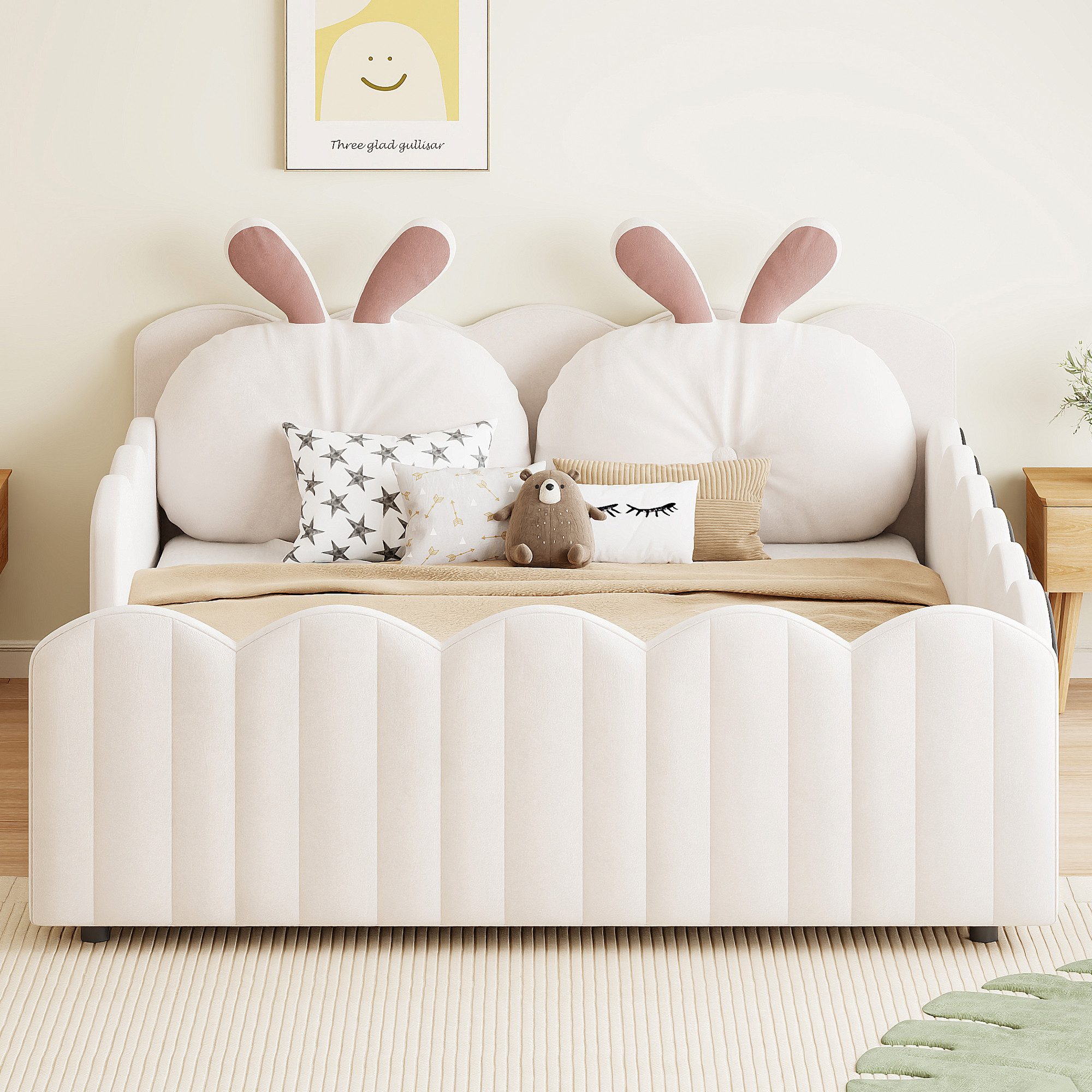 STILVORA Kinderbett 140x200 Kinderbett Jugendbett mit Kaninchenform-Kissen,Doppelbett Samt (Gepolstertes Plattformbett mit Kaninchenkissen und Sicherheitsgeländern., 140x200), mit Kissen in Kaninchenform
