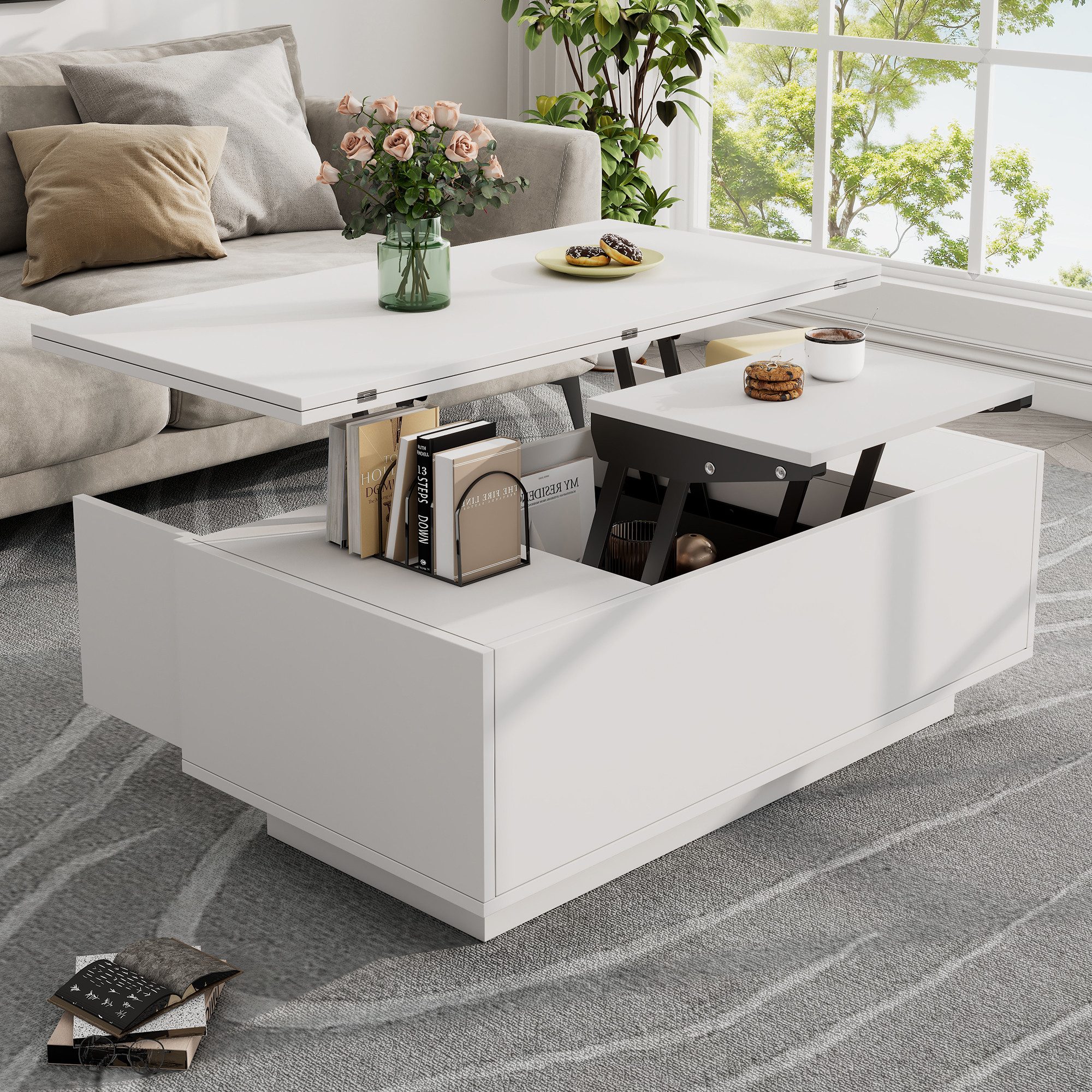 Merax Couchtisch Höhenverstellbarer Kaffeetisch mit Verstecktem Stauraum und Ablage (1-St., 100x50x43cm), Ausziehbarer Wohnzimmertisch Sofatisch für Wohnzimmer