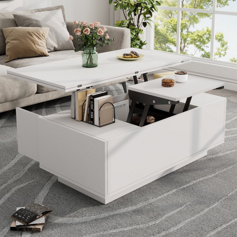 Merax Couchtisch Höhenverstellbarer Kaffeetisch mit Verstecktem Stauraum und Ablage (1-St., 100x50x43cm), Ausziehbarer Wohnzimmertisch Sofatisch für Wohnzimmer