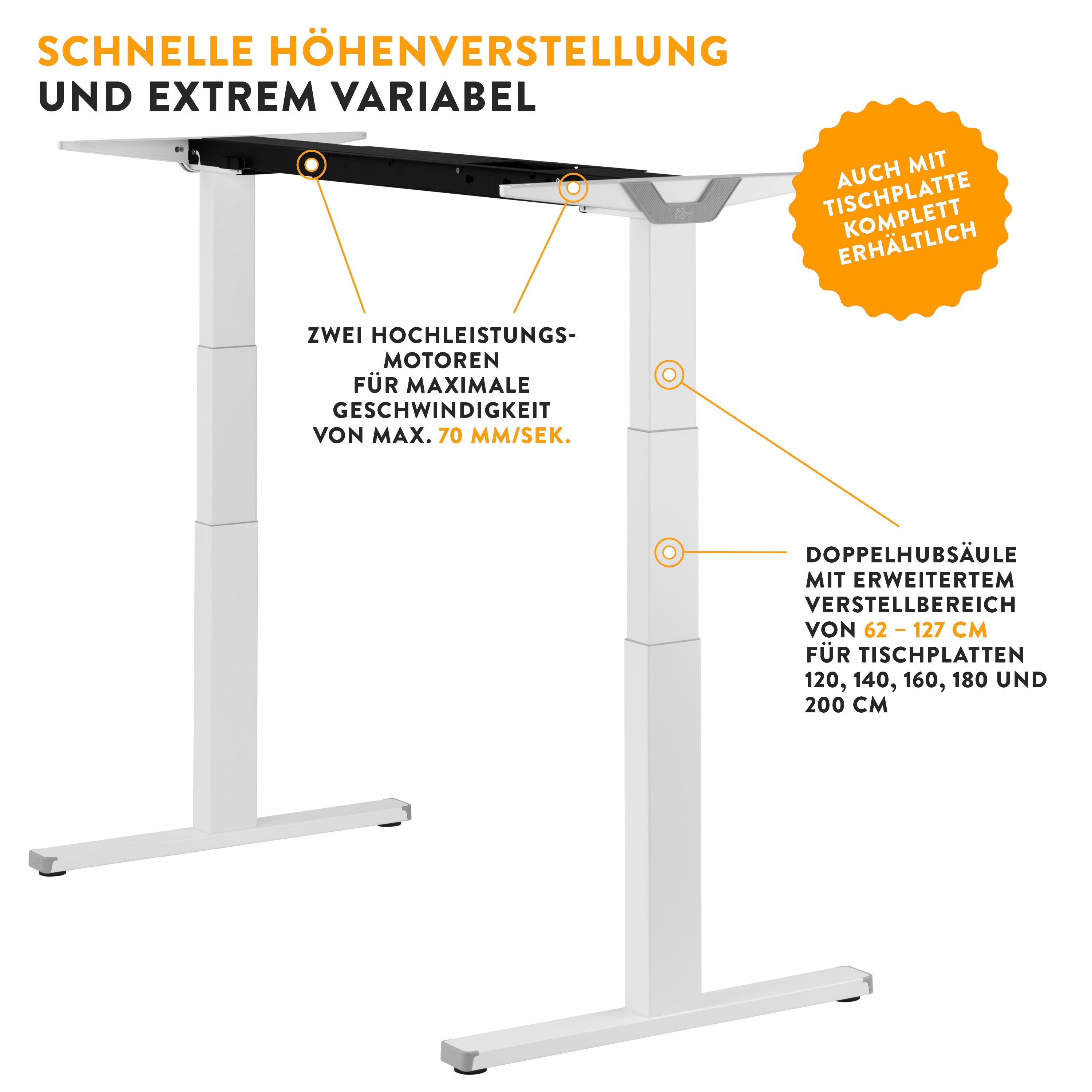 - | Schreibtisch Weiß Premium in ohne boho höhenverstellbar office® Made Germany Line, Weiß - elektrisch stufenlos in Tischplatte