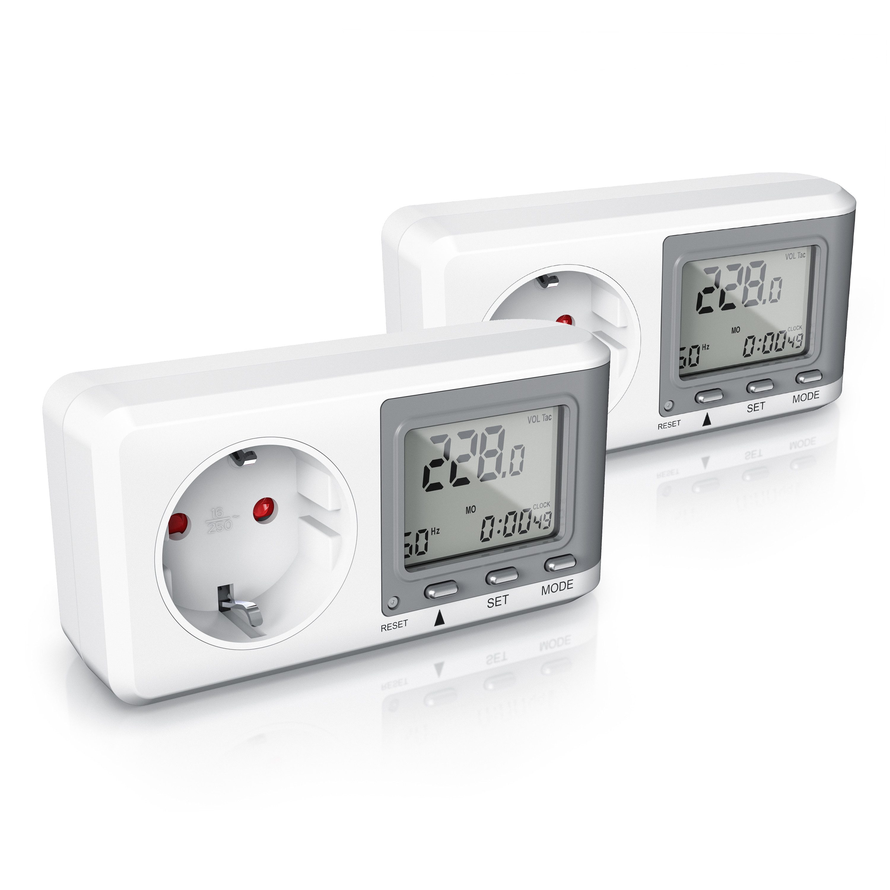 BEARWARE Energiekostenmessgerät 2er Set Energiekostenmessgerät Strommessgerät Steckdose, 2-tlg., Strommessgerät für Typ F Buchse mit Berührungsschutz, 0,0 A -16 A