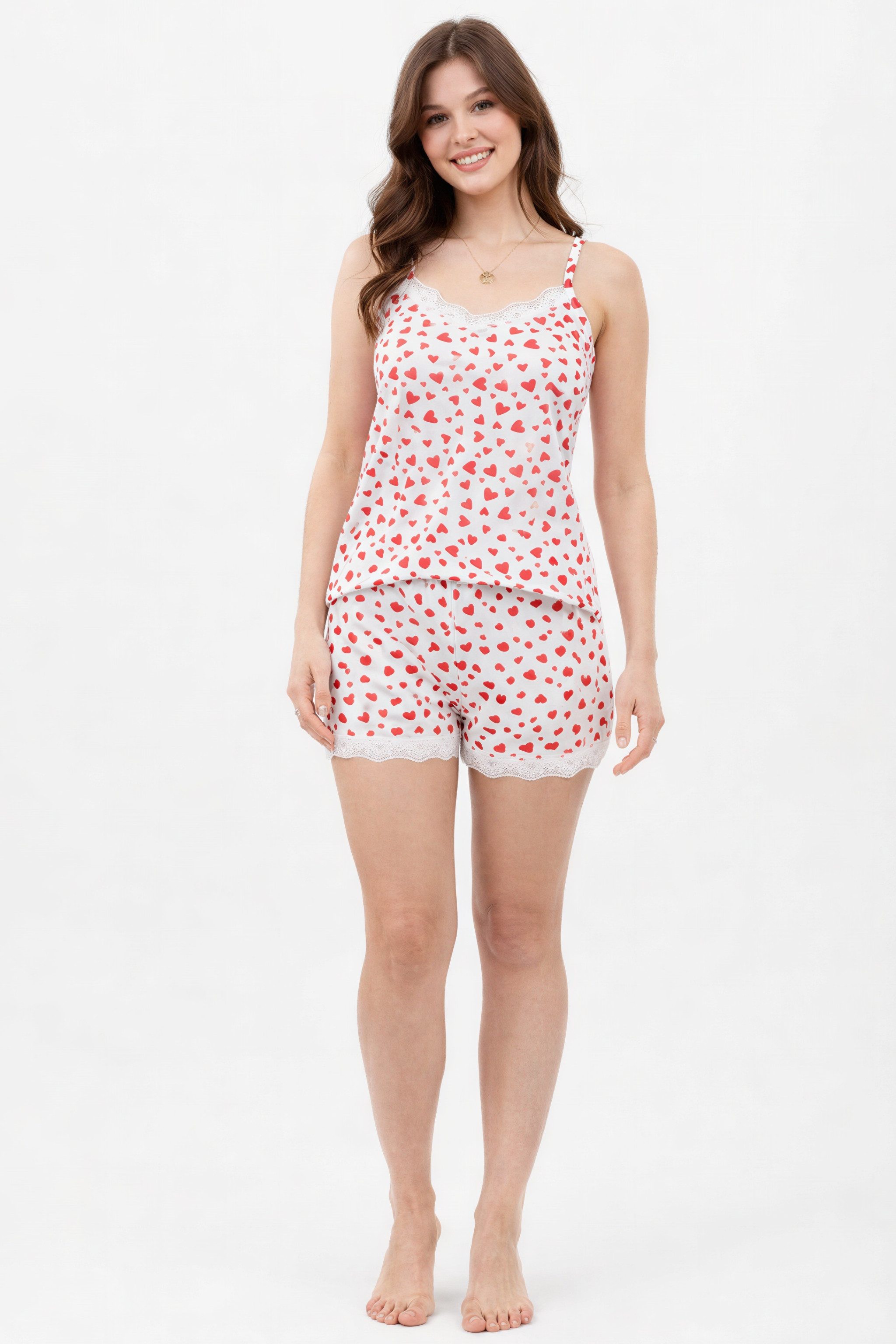 fashionshowcase Pyjama Damen Hausanzug Viskose Schlafanzug mit Shorts & Top Herz-Print (2 tlg., 2-teiliges) Leichtes & atmungsaktives Material, romantisches Des – Bild 3 von 3