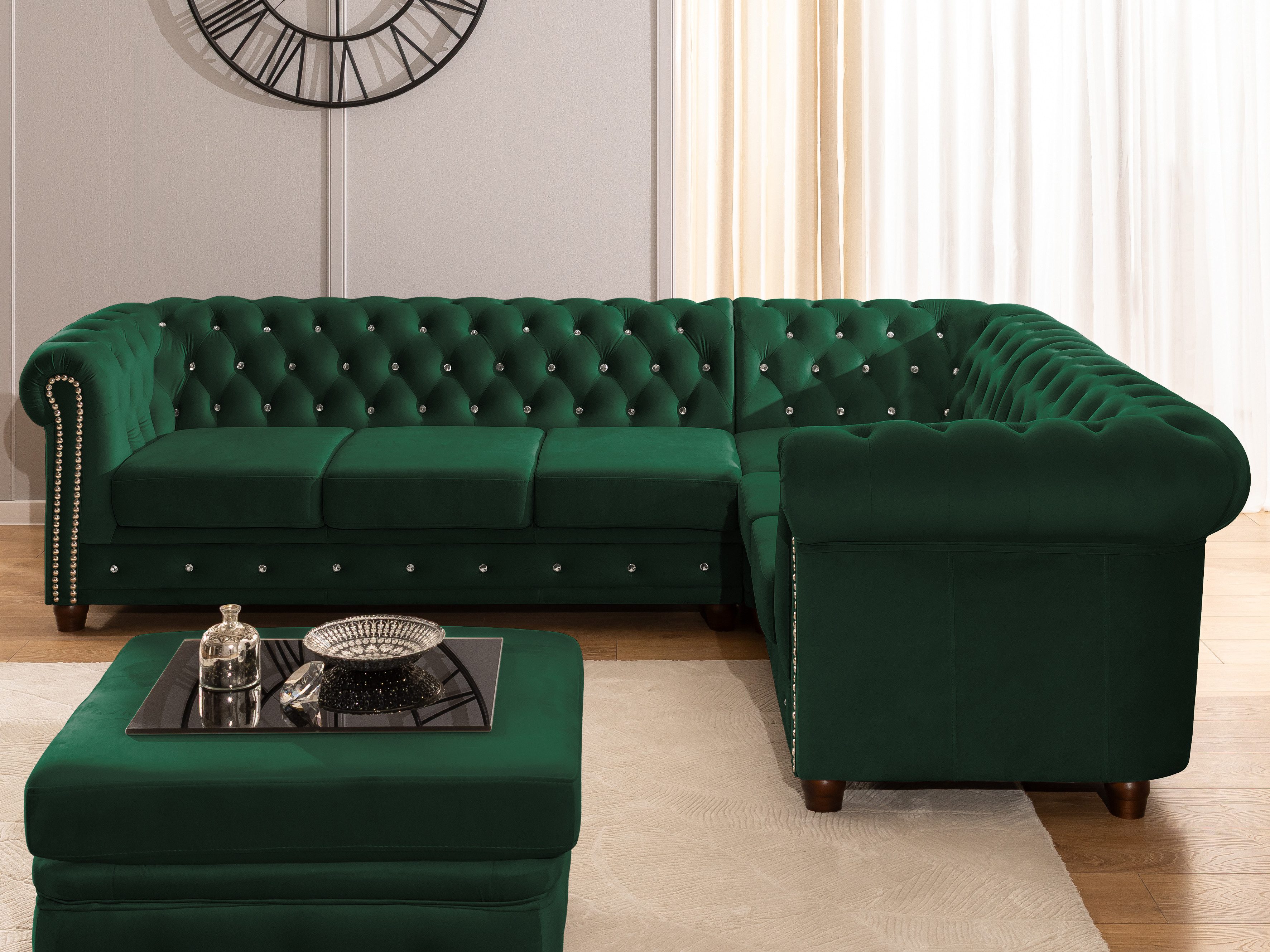 S-Style Möbel Ecksofa Chesterfield mit Schlaffunktion Cleo Blink Samt mit Kristallsteppung, mit Wellenfederung