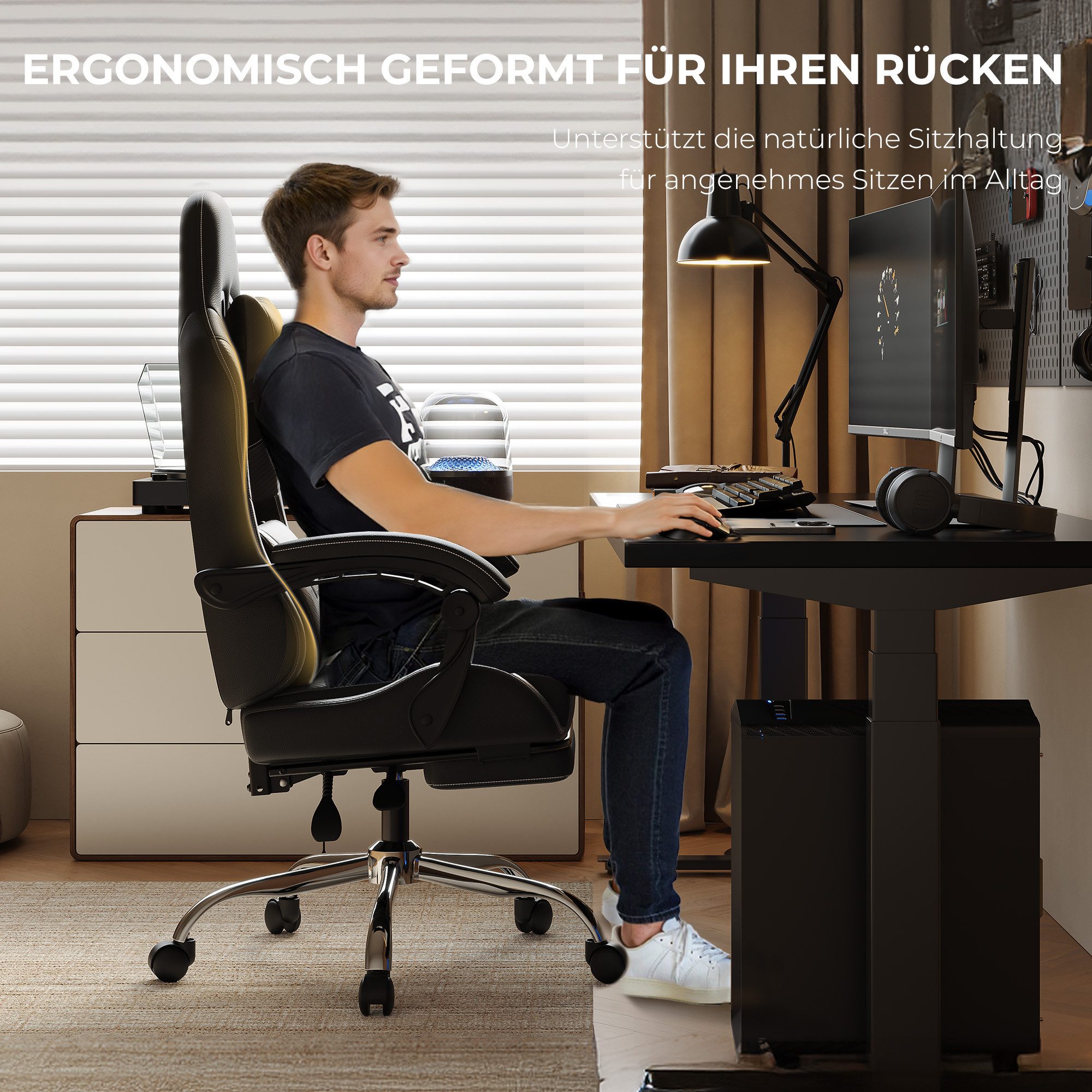 Dowinx Gaming-Stuhl Ergonomischer Gamer Stuhl für Büro und Home Office (Packung), Verstellbarer Bürostuhl mit Rückenlehne bis 150°, mit Fußstütze