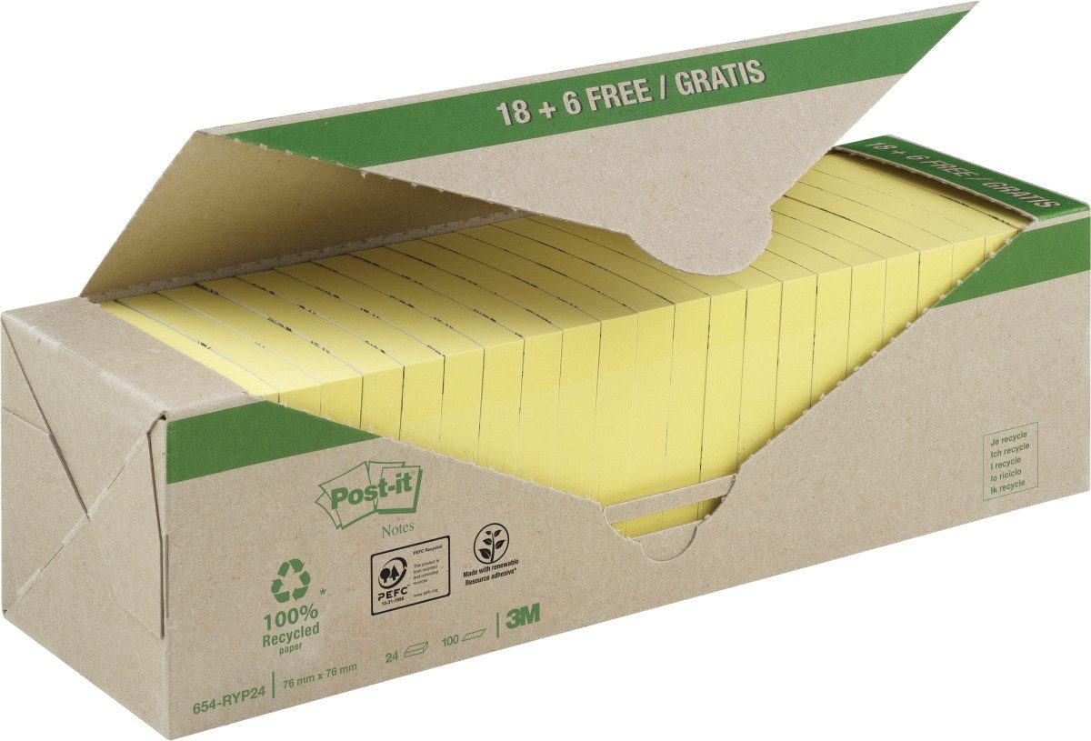 Post-it Notes Haftnotizblock Haftnotiz Recycling Notes 76x76mm 100 Blatt gelb VE=24 Blöcke