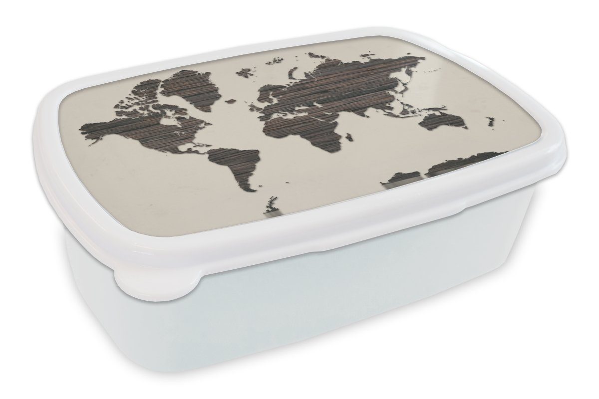 MuchoWow Lunchbox Weltkarte - Braun - Holz, Kunststoff, (2-tlg), Brotbox für Kinder und Erwachsene, Brotdose, für Jungs und Mädchen weiß