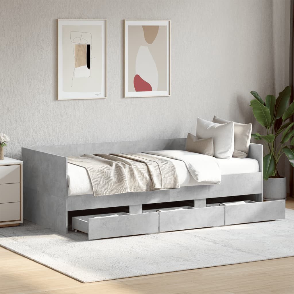 furnicato Bett Tagesbett mit Schubladen 203x102x65 cm Betongrau Massivholz (1-tlg), Stabiles Gästebett mit Lattenrost und 3 Schubladen für das Wohnzimmer