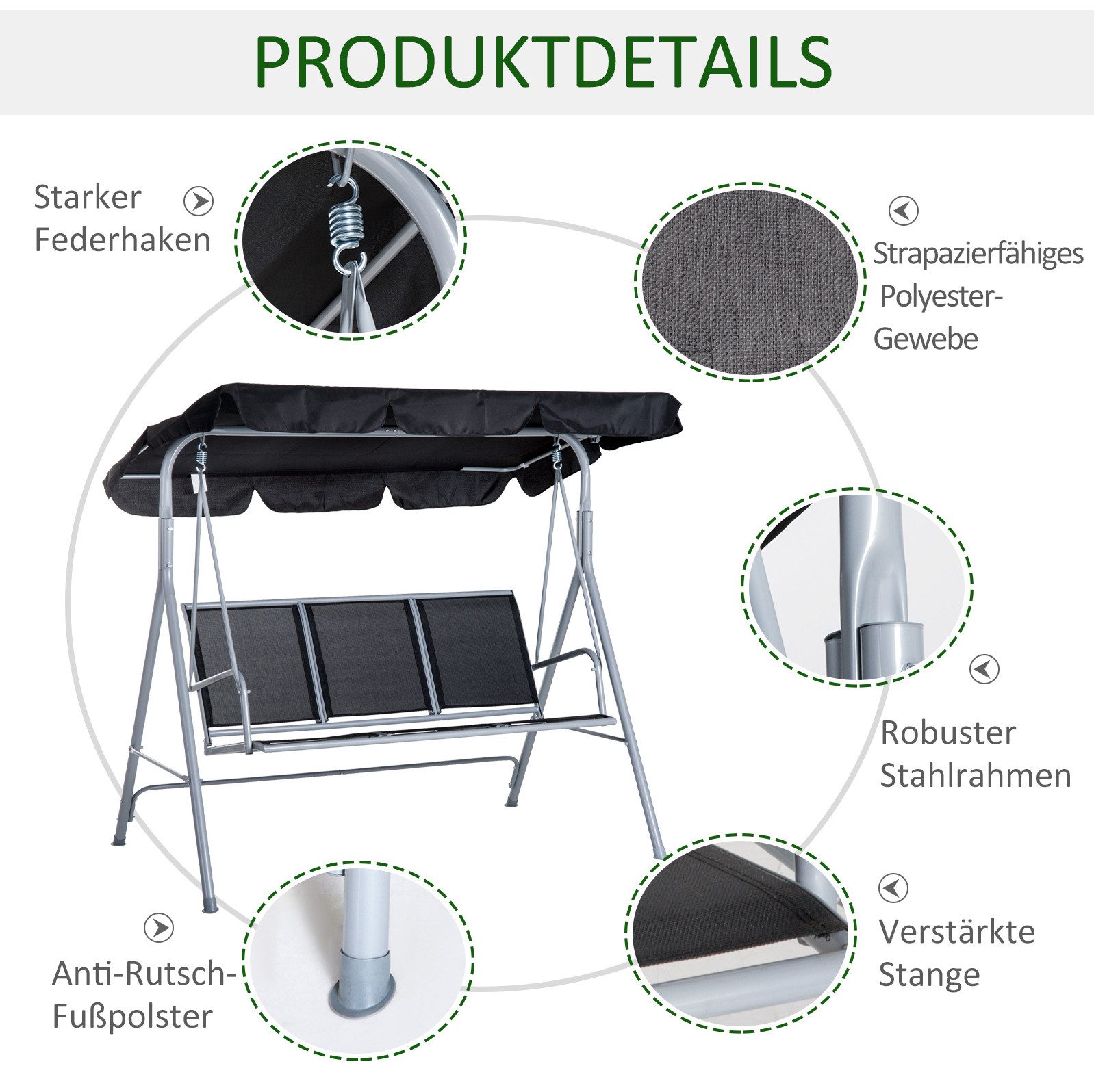 MODFU Hollywoodschaukel 3-Sitzer Metallrahmen Grau 171x108x154 cm für Terrasse Garten, 3-Sitzer, Packung, 1 tlg., für 3 Personen, Outdoor Sitzmöbel Bereich, Gartenschaukel mit Dach Schaukelbank Gartenmöbel in Silber