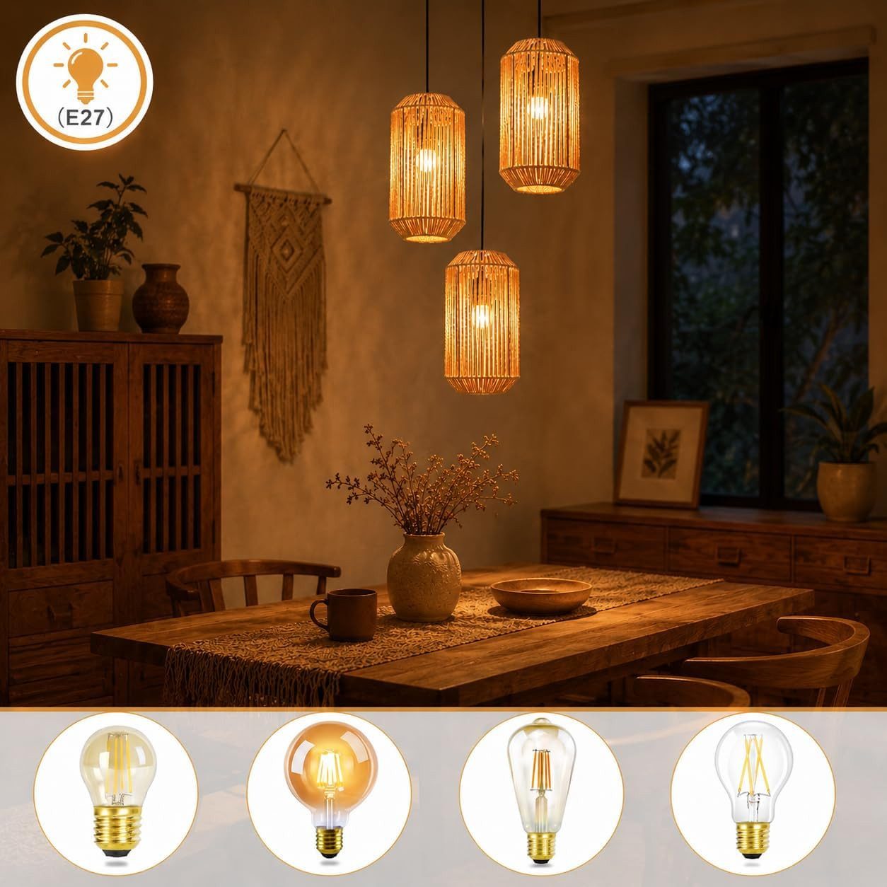 Nettlife Pendelleuchte Rattan 3 flammig Boho E27 Hängeleuchte für Esstisch, Ohne Leuchtmittel, für Esstisch Esszimmer Schlafzimmer Wohnzimmer – Bild 2 von 5