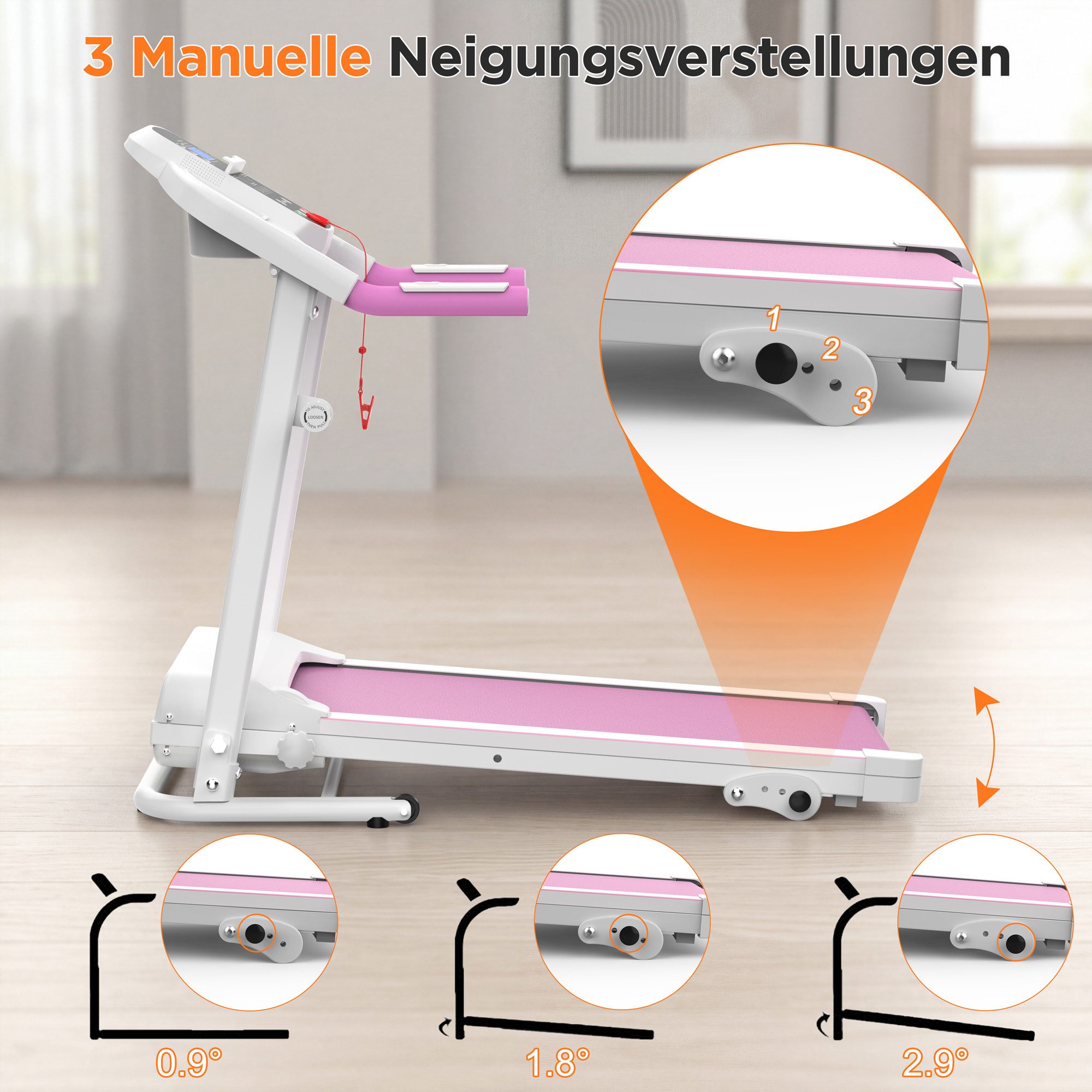 kowdom Laufband Kompakt Laufband mit Steigung, 2,5 HP, 120 kg, klappbar, Handgriffe (Manuelle Steigungseinstellung, Einfacher Aufbau; Vormontiert geliefert), Klappbar; Mit Steigung; Leise; Platzsparend; Mit Handgriffen